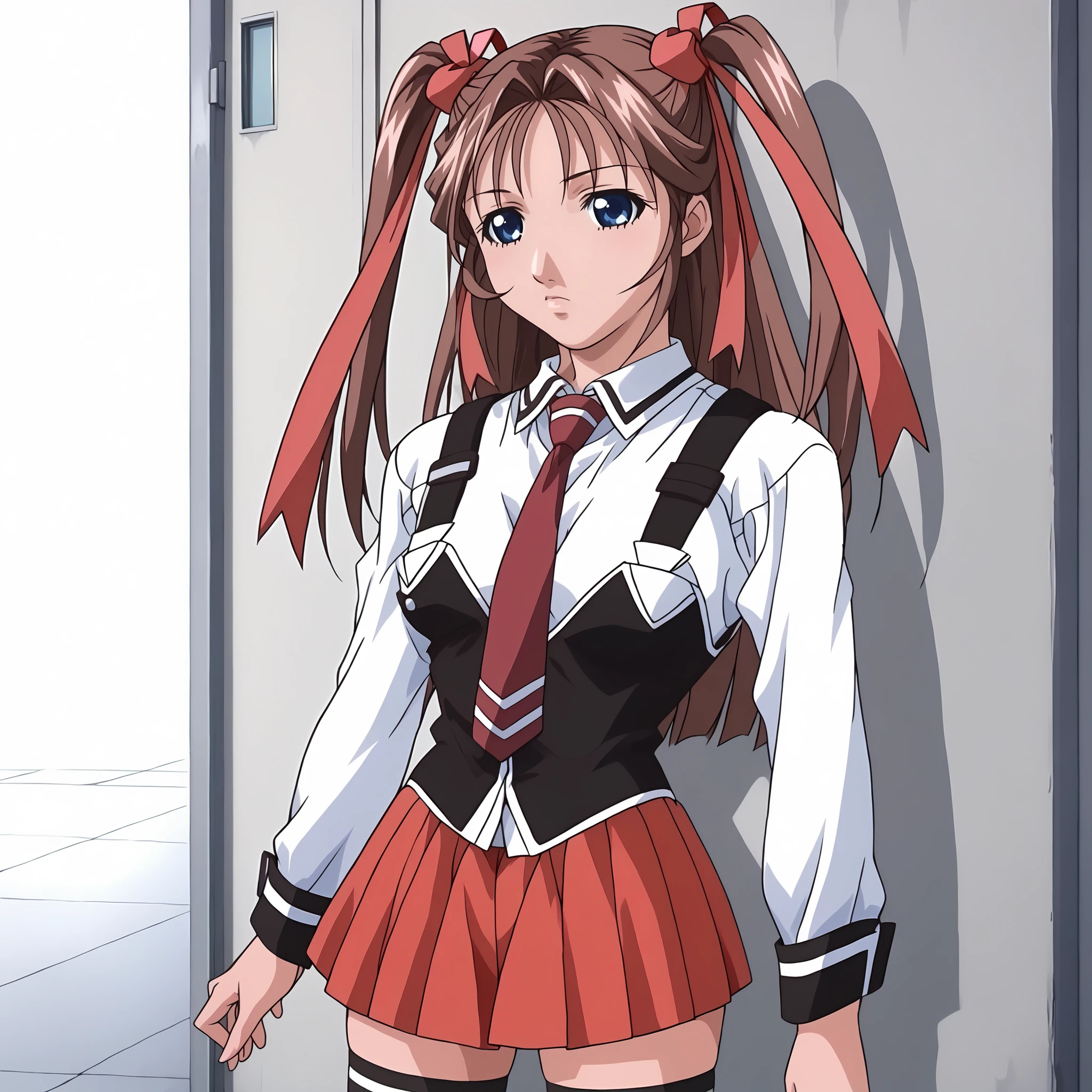 <lora:YukiToudouXLpony003>,
solo,
YukiToudou,1girl,brown hair,two -side up,hair ribbon,red ribbon,blue eyes,
school uniform,white shirt,strap,vest,red tie,
red skirt,
thighhighs,
full body,standing,