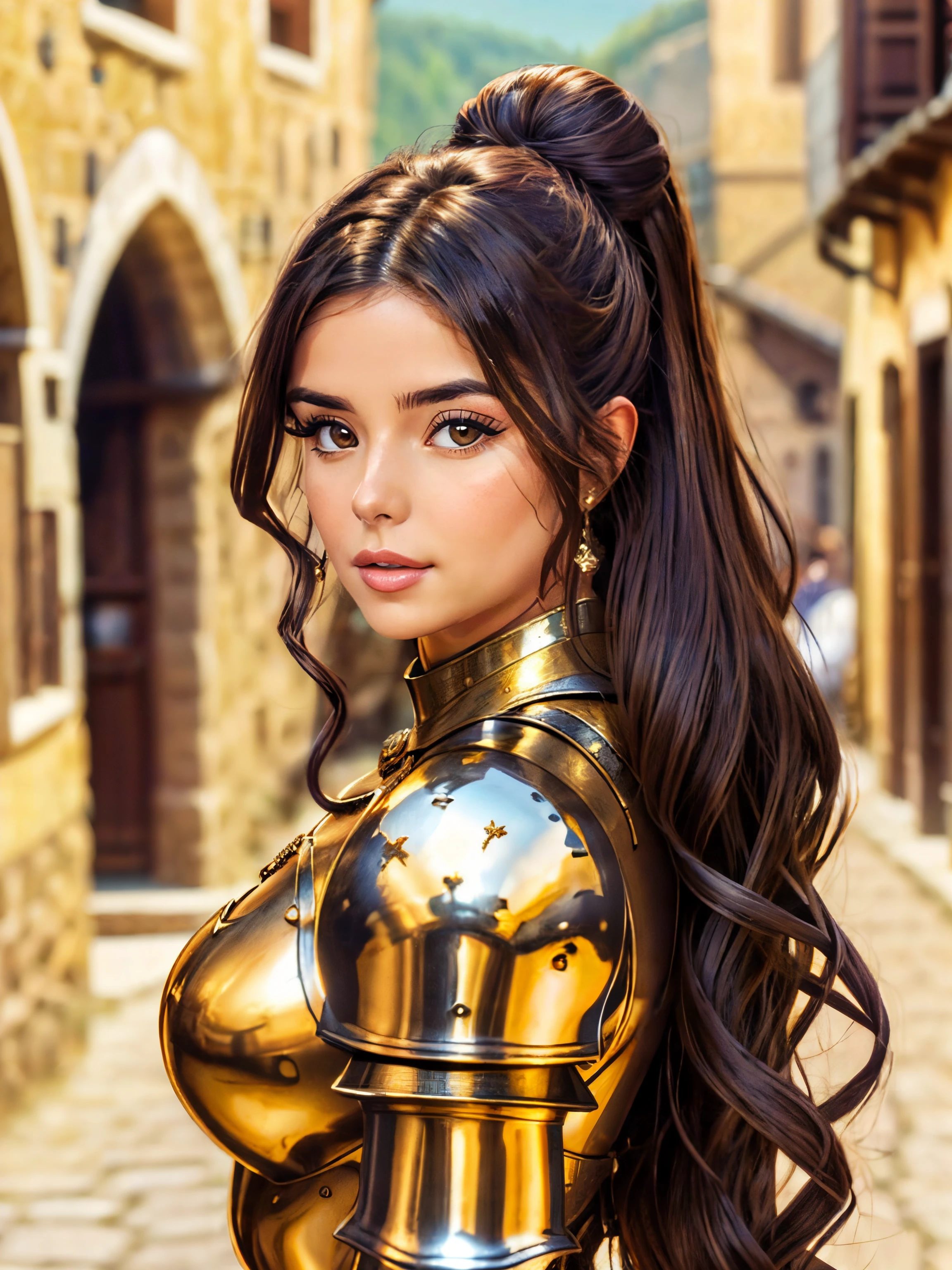 portrait of a beautiful brunette woman as a knight, hair in tight updo, d3m1r0s3, (wearing medieval iron armor:1.2), in a european medieval village, golden hour,,,, hard shadows, masterpiece, intricate details, <lora:d3m1r0s3:1>