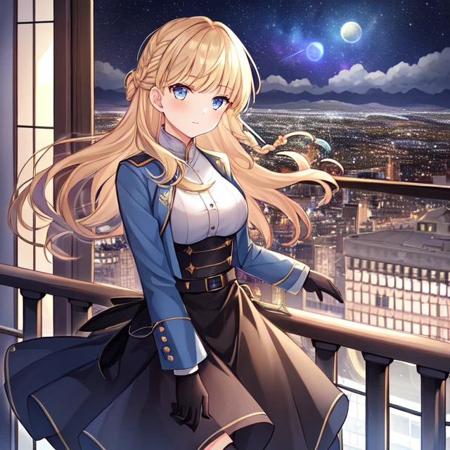 1girl, aurora, balcony, bangs, black_gloves, blonde_hair, blue_eyes, braid, building, city, city_lights, cityscape, clock_tower, cloud, constellation, earth_\(planet\), eyebrows_visible_through_hair, galaxy, gloves, holding, jacket, light_particles, long_sleeves, looking_at_viewer, milky_way, moon, moonlight, night, night_sky, planet, shooting_star, skirt, sky, solo, space, space_craft, star_\(sky\), starry_sky, starry_sky_print, telescope, window