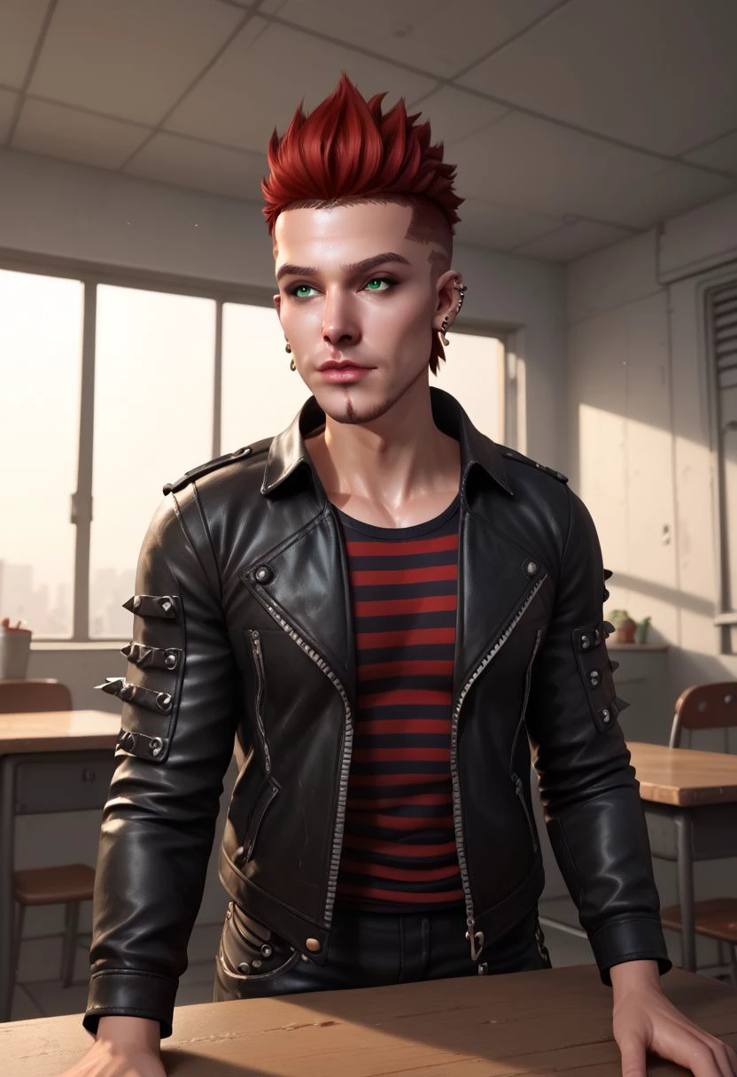 rpskxzt, 1boy, male focus, solo, jacket, leather jacket, leather, shirt, earrings, phone, spiked hair, red hair, jewelry, makeup, striped, piercing, realistic, green eyes, pants, indoors, desk, black jacket, striped shirt, facial hair, ear piercing, sidelighting, shiny skin, gossamer, natural lighting, score_9, score_8_up, score_7_up, score_6_up, score_5_up, score_4_up