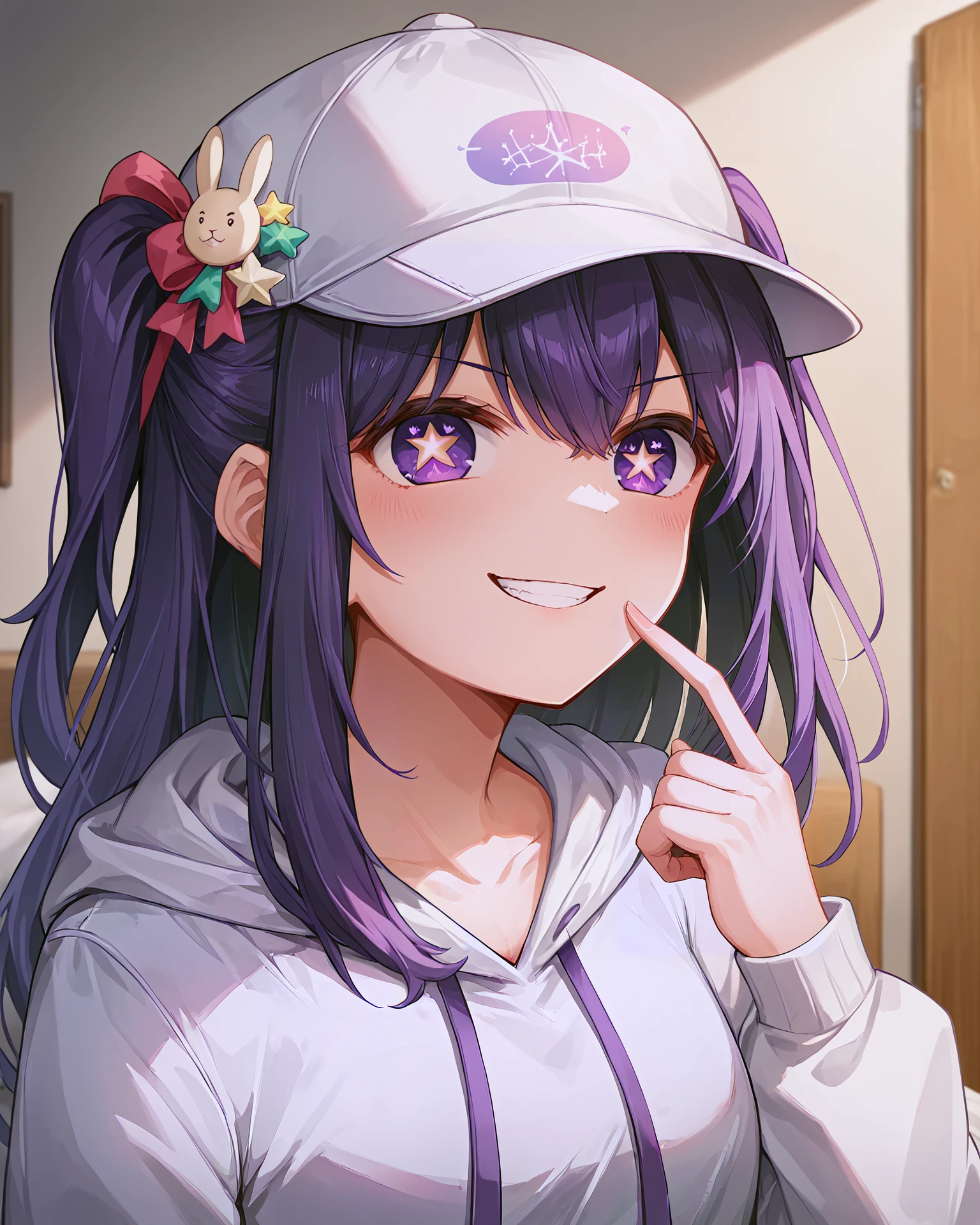 <lora:3_Style_Art_Deaver_XL:0.7> deaver, by deaver, <lora:AiHoshino_XL:0.8> ai hoshino, hair between eyes, hair ornament, hair ribbon, long hair, one side up, purple eyes, purple hair, rabbit hair ornament, (star-shaped pupils:1.5), symbol-shaped pupils,(baseball cap:1.1), hat, hood, hoodie, long sleeves, puffy sleeves, white hoodie, grin, teeth, upper body, finger to mouth,, <lora:9_Detail_Tweaker_XL:0.8>, score_9, score_8_up, score_7_up, source_anime, masterpiece, best quality, highly detailed background, cinematic lighting, detailed eyes, perfect face,, lazy, teenager room, messy, bedroom, bed sheet, closet,