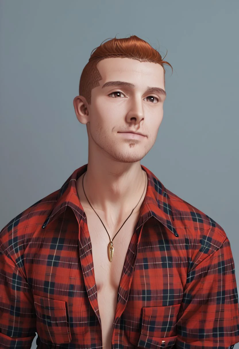 ranapekova, realistic, 1boy, male focus, solo, facial hair, jewelry,  necklace, shirt, brown eyes, stubble, plaid shirt, plaid, score_9, score_8_up, score_7_up, score_6_up, score_5_up, score_4_up