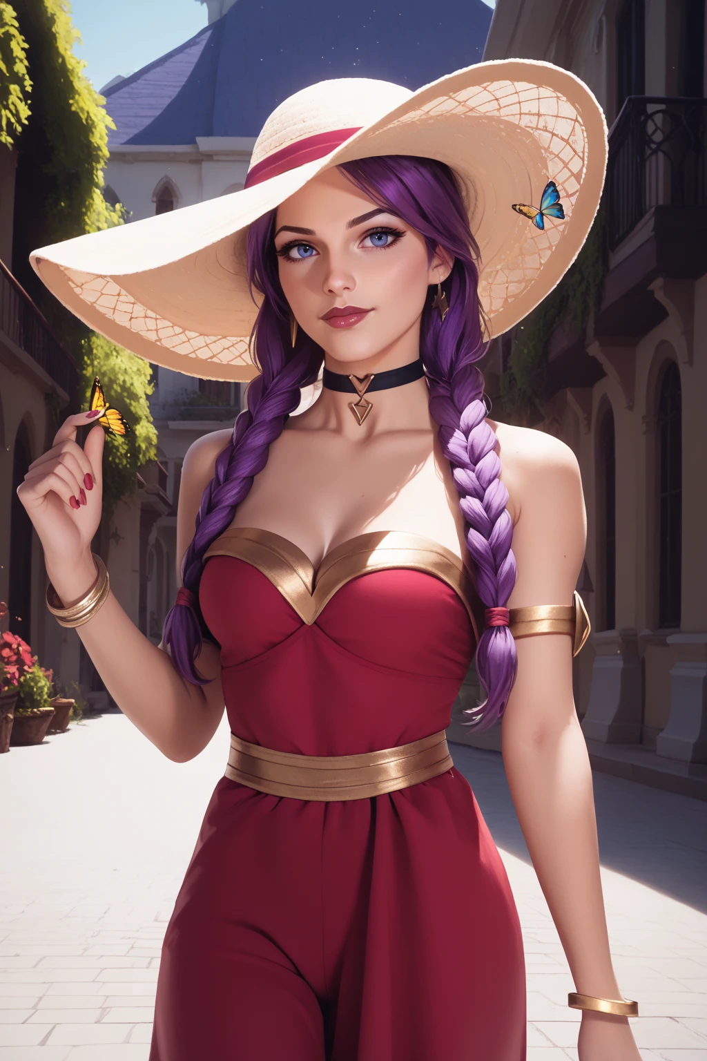 score_9, score_8_up, score_7_up, masterpiece, high quality
 <lora:KDA KaisaPony:0.8> popstar, 1girl, long hair, twin braids, purple hair, choker, armlet, bracelet, red summer dress, walking in a village in greece, beautiful countryside, butterflies, sunny, summer hat:1.2, upper body