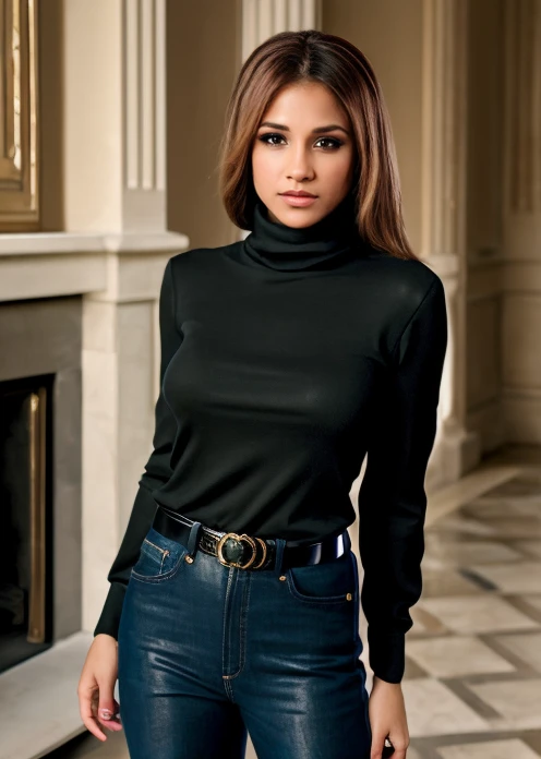 half body of A captivating masterpiece of an woman, (((dressed in a turtleneck Blouse))), ((The use of high-shine gloss adds a touch of glamour and dimension to the look)), The background is a dark old manor room with fireplace only giving light to room, architecture creating a exigent atmosphere., low-key photography:1.3, one rim side light, narrow lighting,, only one light source, facing camera, shallow depth of field, <lora:MS_Naja_Ire_V1_32:0.8>