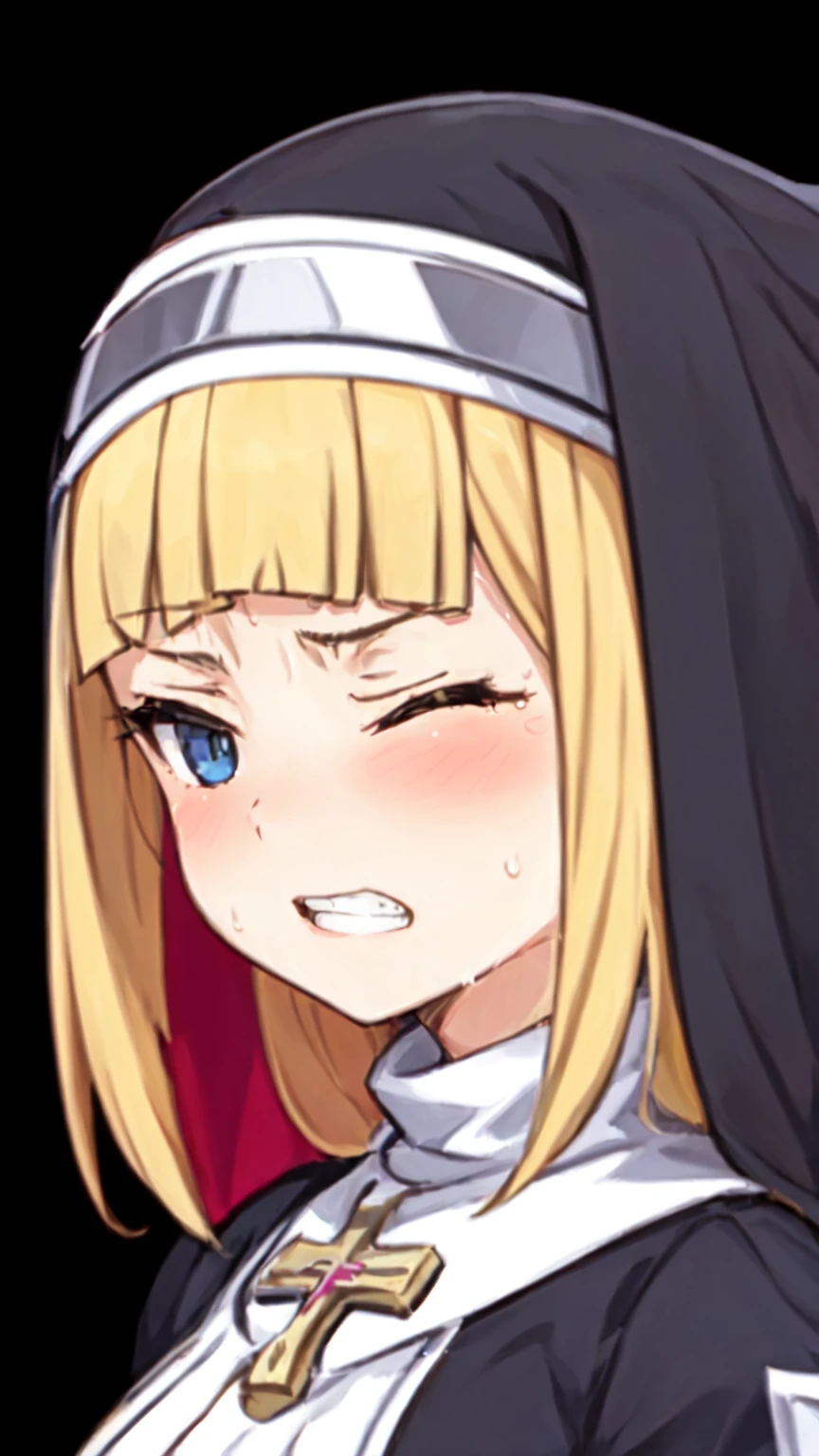 masterpiece, best quality,
<lora:exorcistcharlotte:0.85>
exorcistcharlotte, solo, looking at viewer, blush, simple background, sweat, one eye closed, teeth, black background, clenched teeth, portrait, wince,cross,