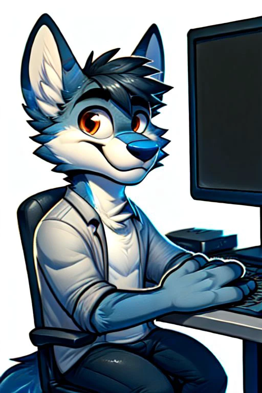 KiraWislow, furry, sitting in front of a computer