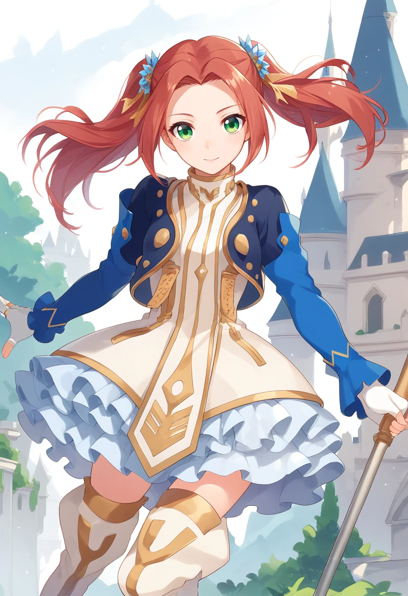 score_9, score_8_up, score_7_up,  eleanor hume, green eyes, smile, twintails, short dress, red hair, hair ornament, thigh boots, cropped jacket, frills, fingerless gloves, castle,  <lora:Eleanor_Hume_Pony:1>