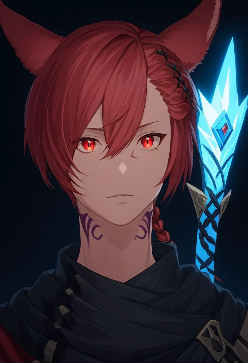 grahatiaffxivdsk, 1boy, male focus, solo, animal ears, red eyes, red hair, miqo'te, cat ears, looking at viewer, hair between eyes, hair ornament, x hair ornament, bangs, holding, glowing, slit pupils, braid, short hair, portrait, jewelry, short ponytail, cinematic angle, cinematic lighting, best anatomy, official art, masterpiece, best quality