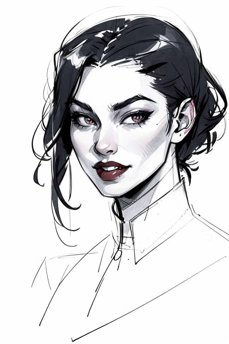 portrait of vampire queen standing in dark, black hair, no pupils, no sclera, red lips, fangs, castle indoors, moonlight, particles, night, dark scene, <lora:sxz-sketch-x:0.8> sketch, graphite \(medium\), (lineart, linear hatching:0.8),