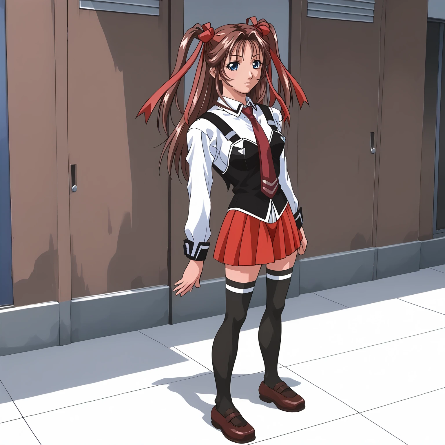 <lora:YukiToudouXLpony003>,
solo,
YukiToudou,1girl,brown hair,two -side up,hair ribbon,red ribbon,blue eyes,
school uniform,white shirt,strap,vest,red tie,
red skirt,
thighhighs,shoes,
full body,standing,