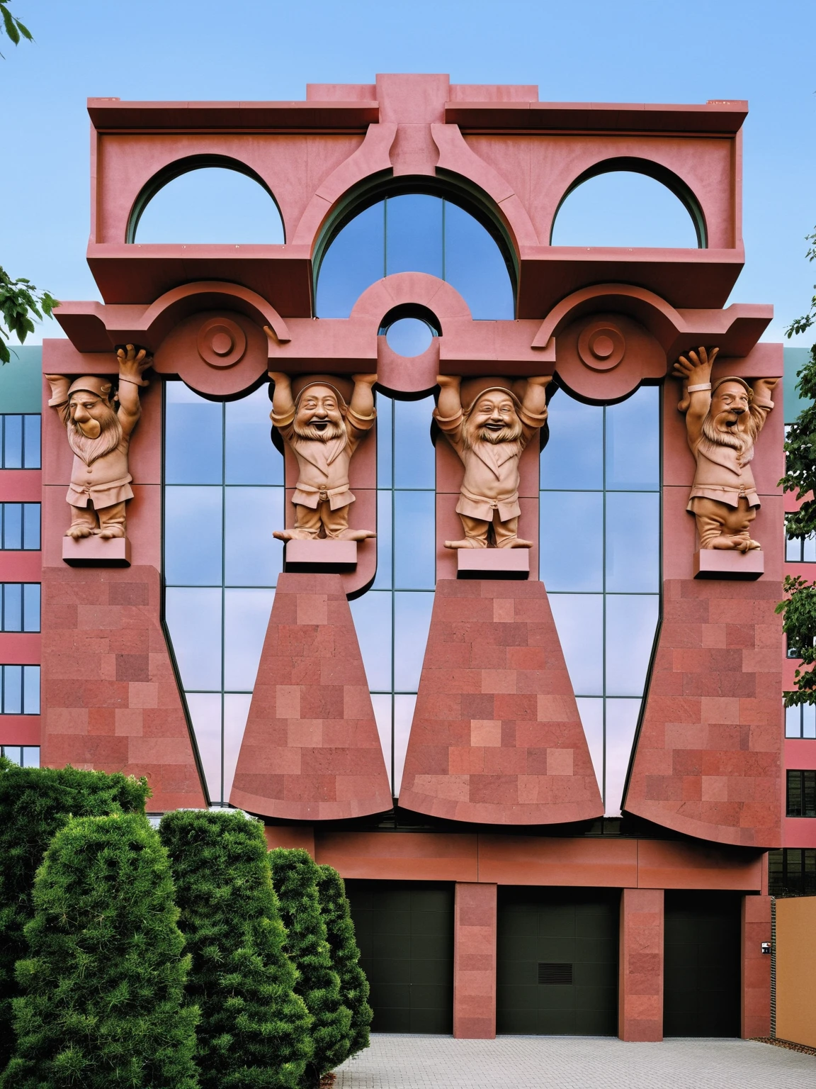 <lora:JJsPostmodernArchitecture_XL:1>, ((Postmodern Architecture)), , ((masterpiece)), ((best quality)), real world location, realistic, high detailed, (outdoor) , no human, ((building)), wall, tree,