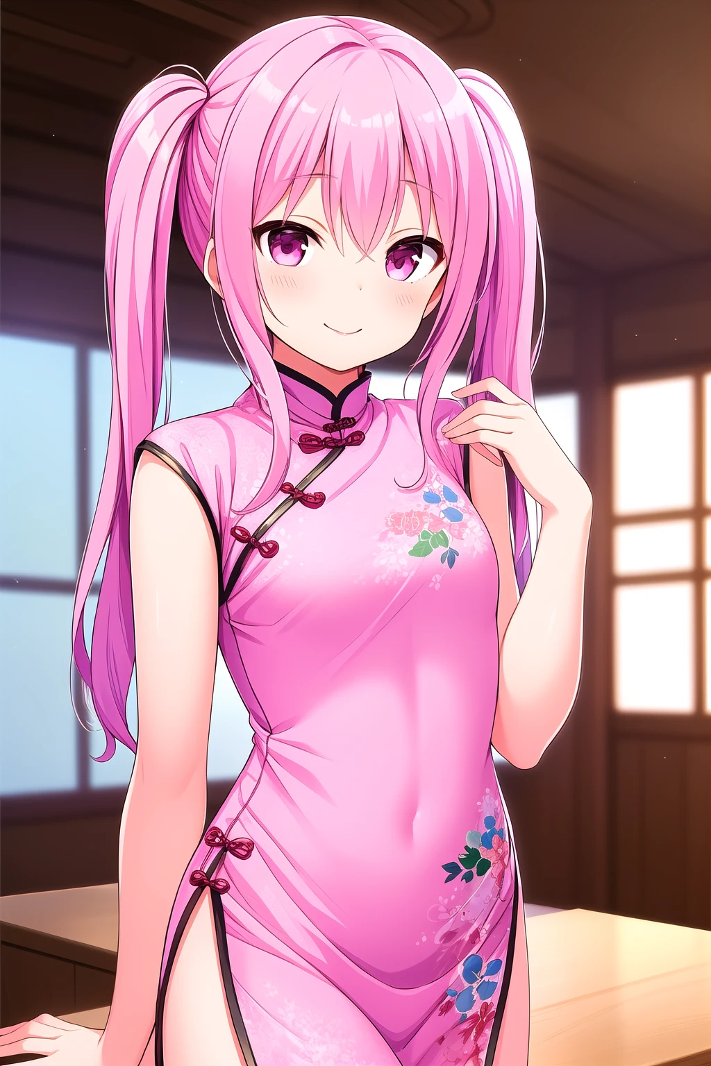 (masterpiece, best quality), highly detailed background, perfect lightingbest quality, kagamimatsuri, solo, indoors, pink hair, twintails, hair between eyes, very long hair, pink eyes, small breasts, pink dress, china dress, chinese clothes, smile, closed mouth, :), pink lips, <lora:Kagami-Matsuri:0.7>