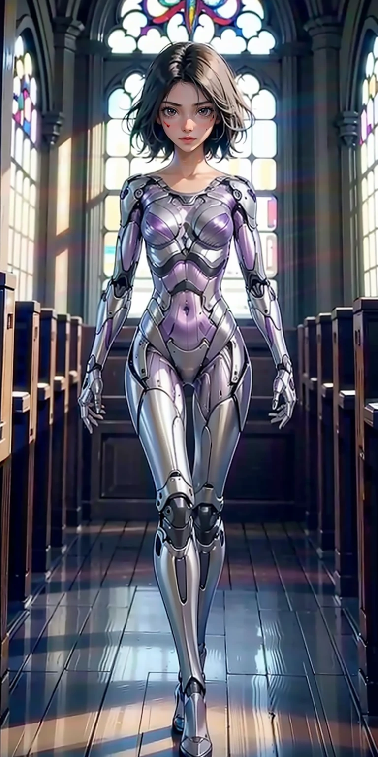 cyborg, 1girl, solo, high-heels, full body, stand, purple skin,  masterpiece, best quality,8k,  (((Inside an old church)))