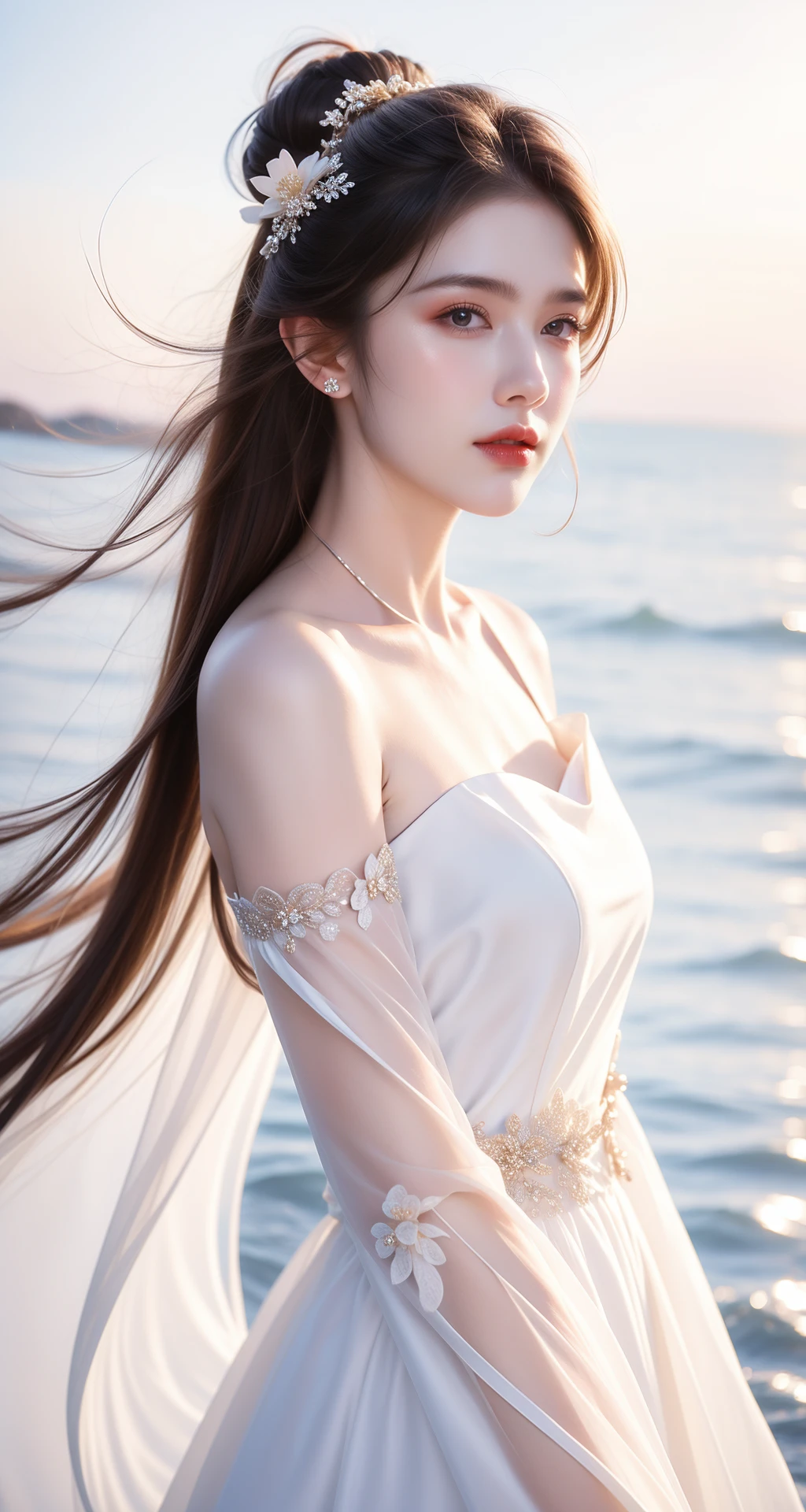 <lora:è¸æ±½_æè¥äººç:0.7>,1girl,solo,stunningly beautiful,white dress,detached sleeves,jewelry,flower,floating hair,Canon RF 85mm f/1.2L 85mm,action shot,Super Telephoto Lens,