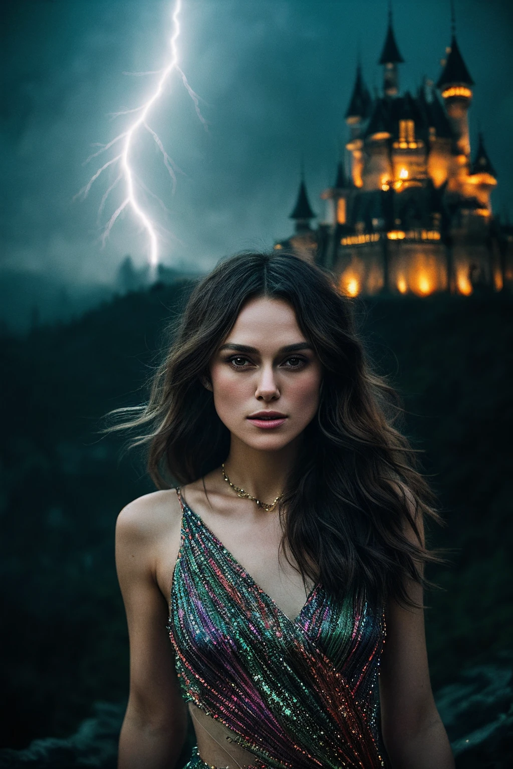 KeiraK_SoloTI_v1,
(Flowing silk chiffon costume adorned with shimmering sequins and intricate embroidery, cascading veils framing her graceful movements, jingling coin hip scarf accentuating her rhythmic steps, hair adorned with colorful flowers and adorned with jewels),
(Sinister castle looming over a desolate landscape, lightning crackling across the sky, the eerie howl of distant wolves, minions scurrying to fulfill her commands, the air thick with the scent of ancient magic and impending doom:1.3),
(seductive:1.3),(analog, cinematic, film grain, hazy atmosphere, cinematic shot:1.3),
<lora:add_detail:0.6>,<lora:LowRa:0>,, PA7_Portrait-MCU,