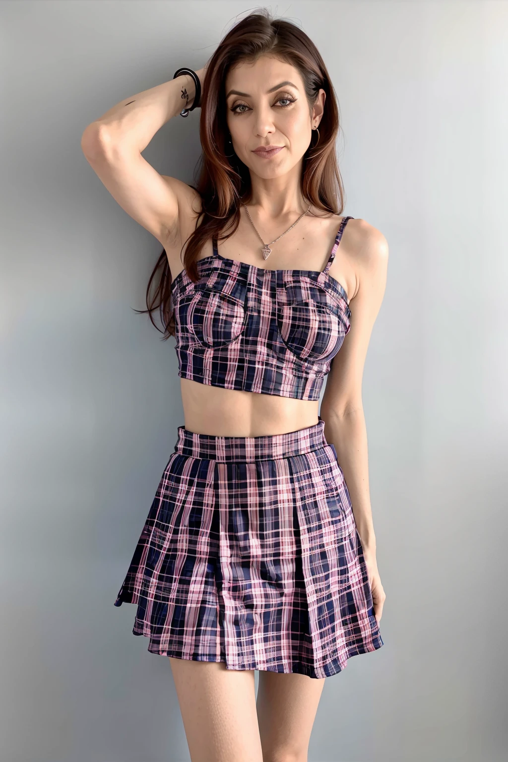<lora:Kate_Walsh:.8>RAW photo of an age44 woman <lora:m1n1pl41ds3t:.75> wearing m1n1pl41ds3t, plaid bustier, plaid skirt