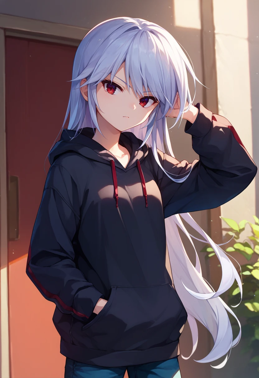 score_9, score_8_up, score_7_up, 1girl, kazami kazuki, silver hair, long hair, red eyes, black hoodie, hands in pockets, <lora:Kazuki DORA6-000007:1>