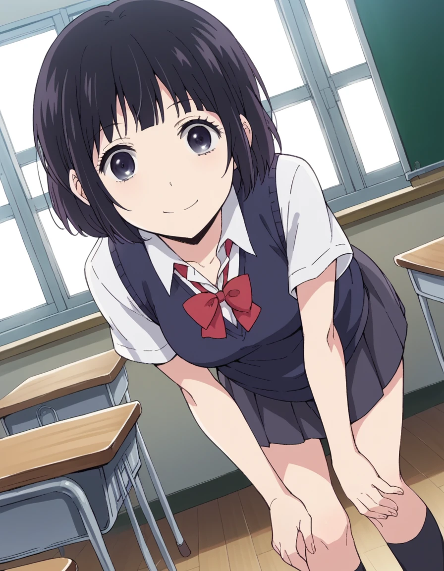 score_9, score_8_up, score_7_up, source_anime,
hanabiyasuraoka, <lora:hanabi-yasuraoka-s1-ponyxl-lora-nochekaiser:1>,
hanabi yasuraoka, short hair, black hair, black eyes,
skirt, bow, school uniform, shoes, socks, bowtie, kneehighs, sweater vest,
indoors, classroom, bent over, smile,
looking at viewer, cowboy shot, dutch angle, solo,