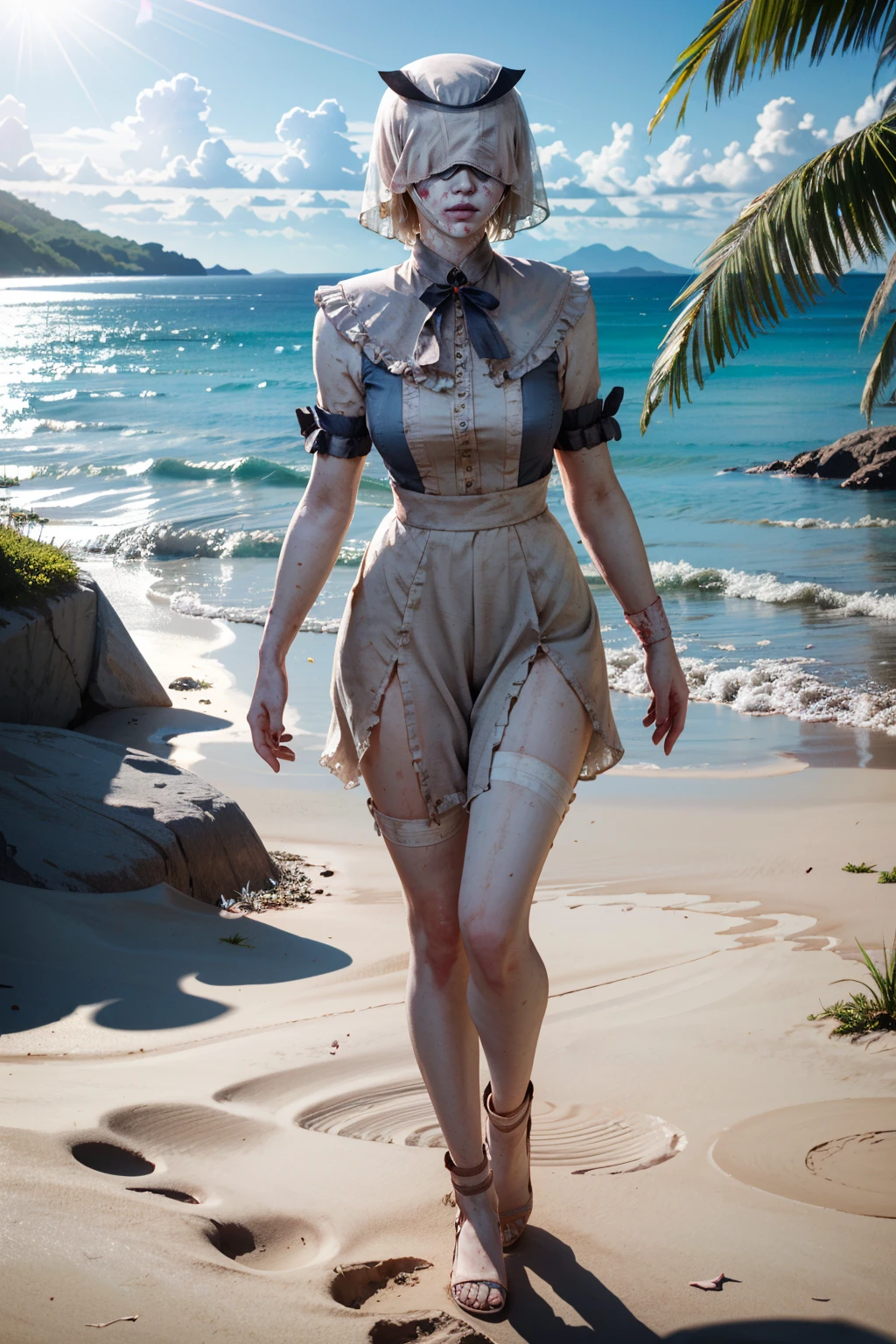 ((ultra detailed, masterpiece, absurdres))
 <lora:BGNNurse:0.8>
BGNNurse,1girl,grey skin, covered eyes, pale skin, bruises, veil, full body, Sandy tropical cove, azure blue ocean, dynamic sunlight reflections