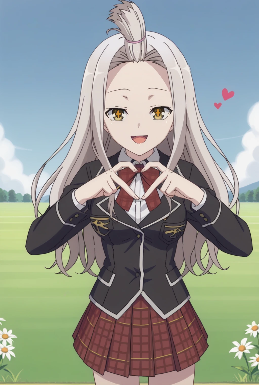 score_9, score_8_up, source_anime BREAK solo, looking at viewer, cowboy shot,
<lora:yuiPdxlDwnsty-000008:1>, yui def, yellow eyes, white hair, long hair, topknot, school uniform, white shirt, black jacket, plaid skirt, long sleeves, bowtie, heart fingers, heart hands, <lora:Heart_Fingers__Concept_Lora-000007:1>,
smile, open mouth, medium breasts,
grass field, outdoors, flower, blue blue sky,