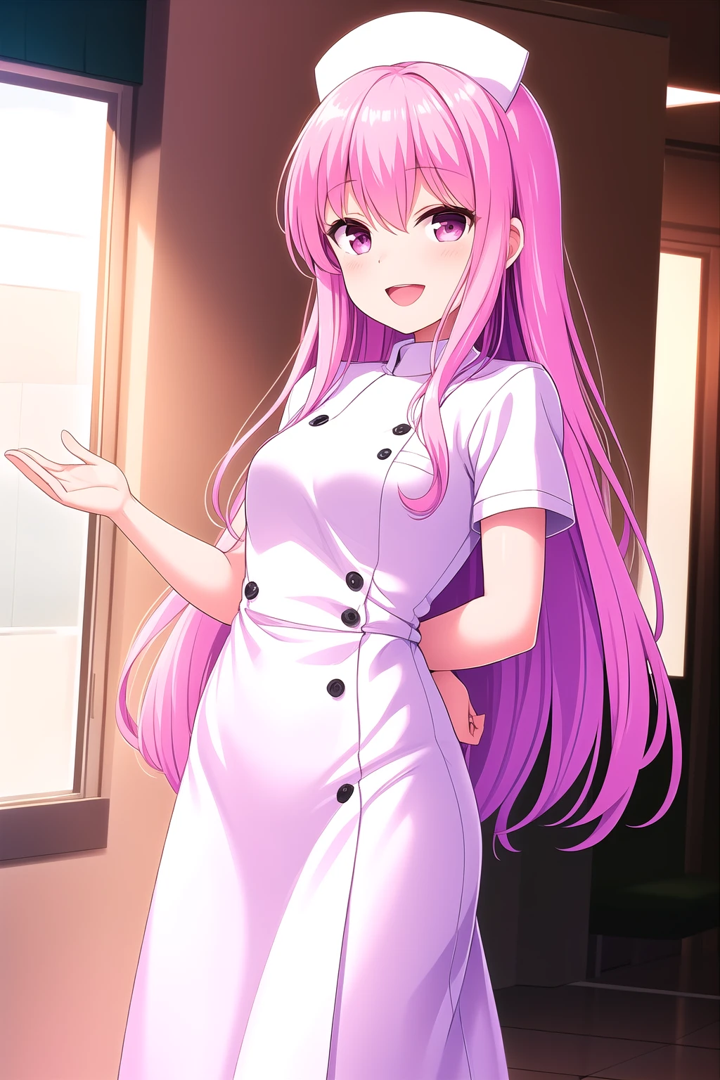 (masterpiece, best quality), highly detailed background, perfect lightingbest quality, kagamimatsuri, solo, indoors, hospital, nurse, nurse cap, pink hair, hair between eyes, very long hair, pink eyes, small breasts, white dress, long dress, smile, open mouth, :d, pink lips, <lora:Kagami-Matsuri:0.7>