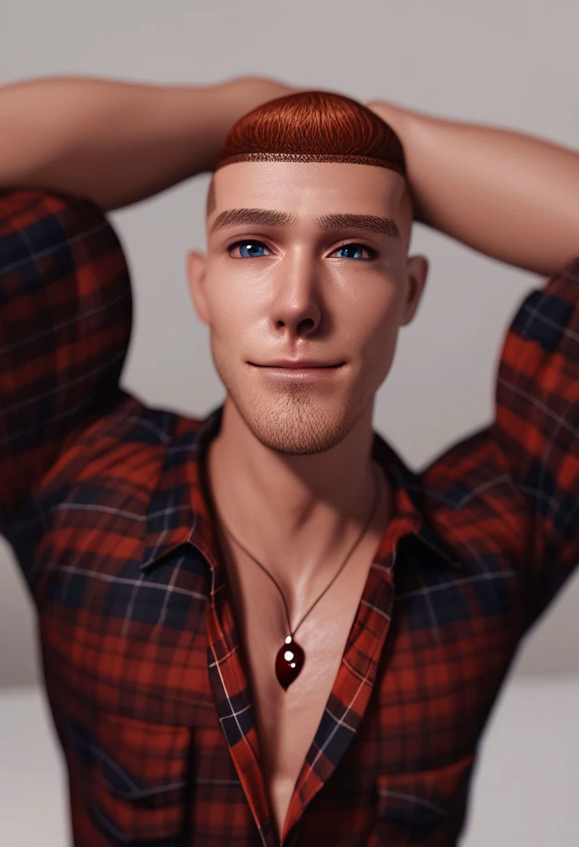 rpskxzt, 1boy, male focus, solo, jewelry, necklace, facial hair, blue eyes, shirt, realistic, red shirt, plaid, looking at viewer, plaid shirt, upper body, stubble, arms behind head,  score_9, score_8_up, score_7_up, score_6_up, score_5_up, score_4_up