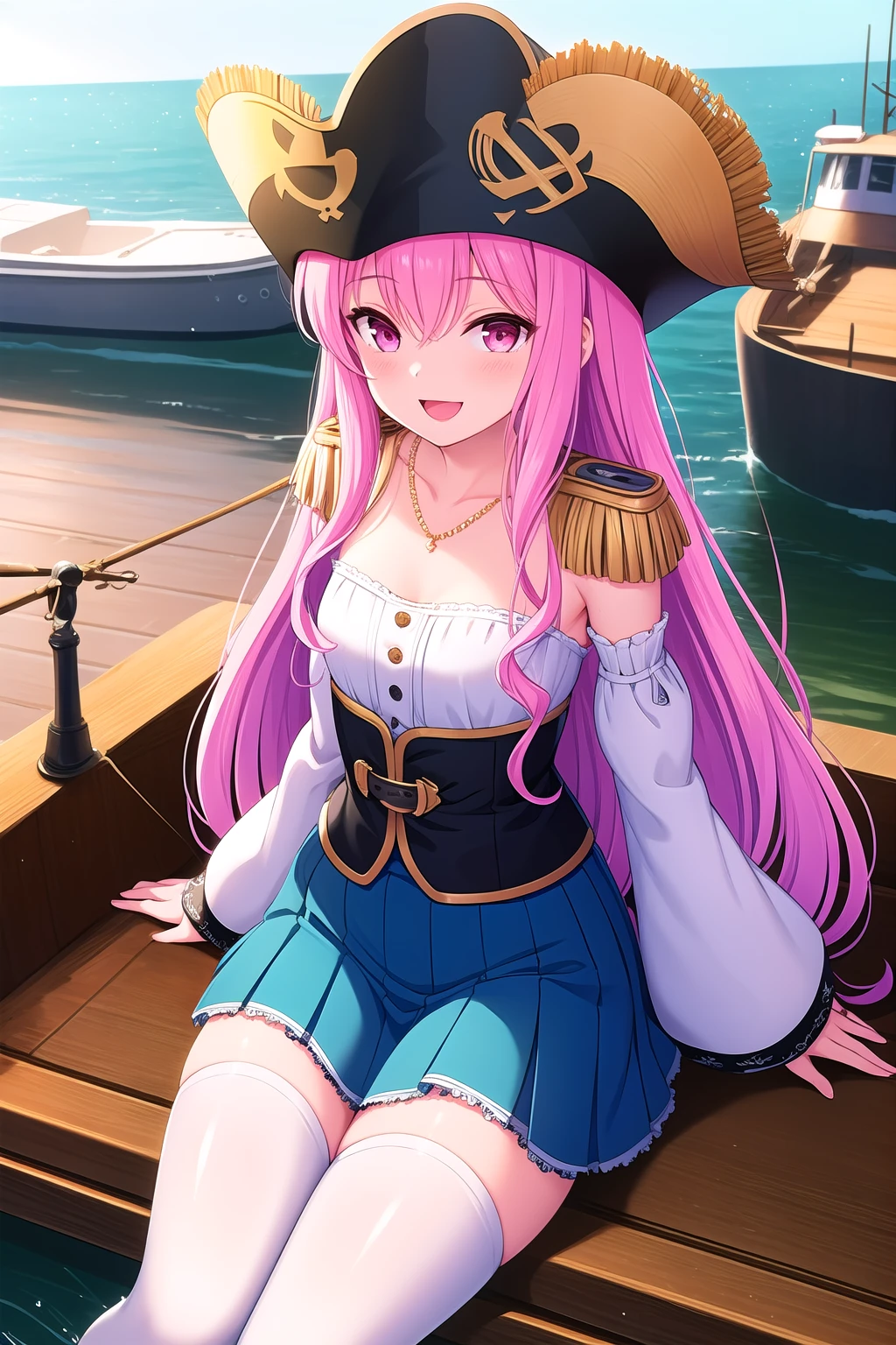 (masterpiece, best quality), highly detailed background, perfect lightingbest quality, kagamimatsuri, solo,outdoors, watercraft, pirate, pirate hat, black headwear, pink hair, hair between eyes, very long hair, pink eyes, small breasts, necklace, jewelry, epaulettes, white shirt, corset, puffy long sleeves, white sleeves, detached sleeves, belt, blue skirt, black thighhighs, smile, open mouth, :d, pink lips, <lora:Kagami-Matsuri:0.7>