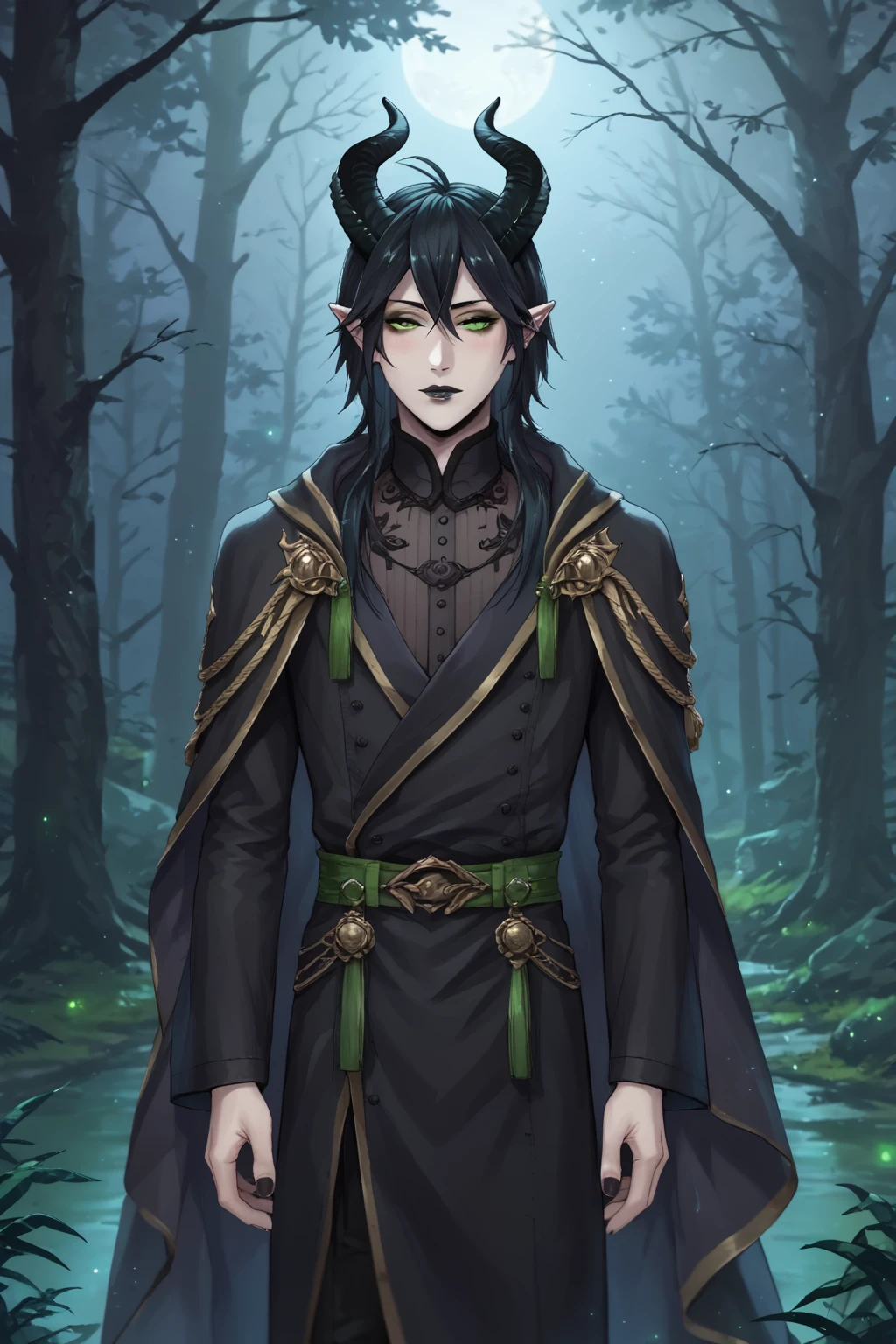 score_9, score_8_up, score_7_up, source_anime, 1boy, bishounen, pale skin, BREAK, black hair, long hair, dark lipstick, eye shadow, pointy ears, black horns, green eyes, (perfect eyes:1.2), (skinny), toned, black robe, detailed eyelashes, broad shouldered, blush, BREAK, (three quarter view:1.4), outdoors, dark forest, night, standing, leaning, boy, malleus_draconia<lora:EMS-342536-EMS:1.000000>, <lora:EMS-18850-EMS:0.800000>, <lora:EMS-361137-EMS:0.800000>