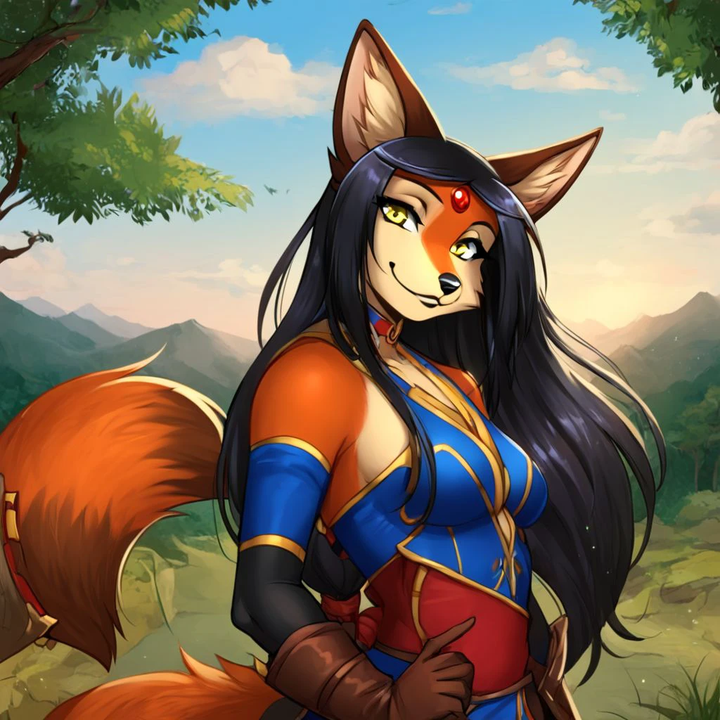 score_9, score_8_up, score_7_up, score_6_up, score_5_up, score_4_up, anthro, furry, female, fox, vixen, zoana, orange fur, yellow eyes, black hair, long hair, red gemstone on forehead, 1girl, furry female, solo, animal ears, furry, long hair, gloves, boots, bags, blue an yellow alchemist outfit, animal tail,  <lora:zoana_aufenhurst:1>, outdoors,  valley,  clouds,  trees,  pose, looking at viewer, smile, upper body