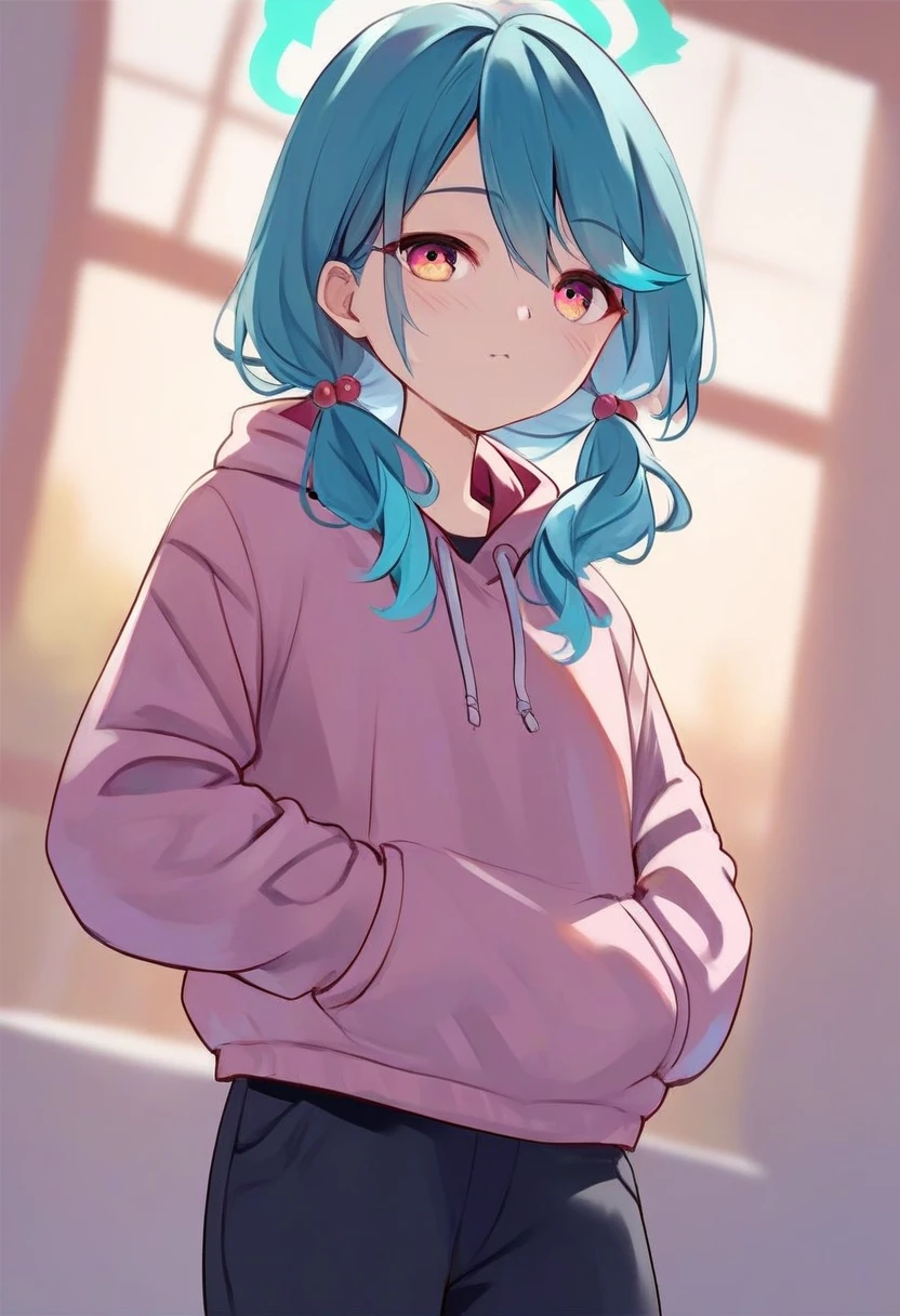 <lora:Milkshakework_Style_for_Pony:1> milkshakework_style, 1girl, cute, score_9, score_8_up, score_7_up, score_6_up, score_5_up, score_4_up, hd, (ultra hd quality details), 8K, rating_questionable, Hands in pockets pose, 1girl, multi colored eyes, Teal hair
