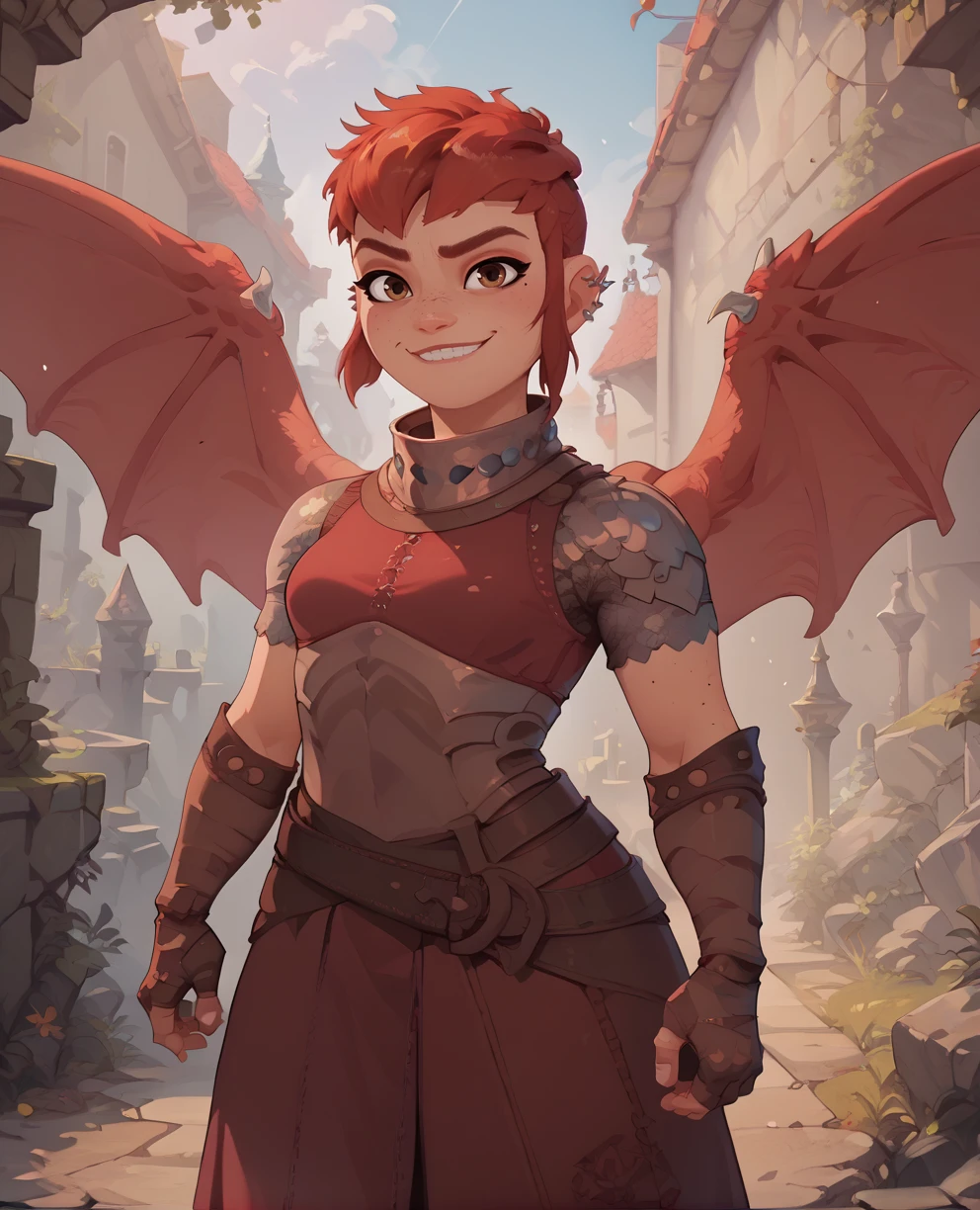 score_9,score_8_up,score_7_up,score_6_up,
NimonaXL,short red hair,sidelocks,brown eyes,smiling,wings on upper back,
ear piercing,armor,bandages,gloves,miniskirt,
standing,
nighttime,outdoors,<lora:Nimona:0.9>,