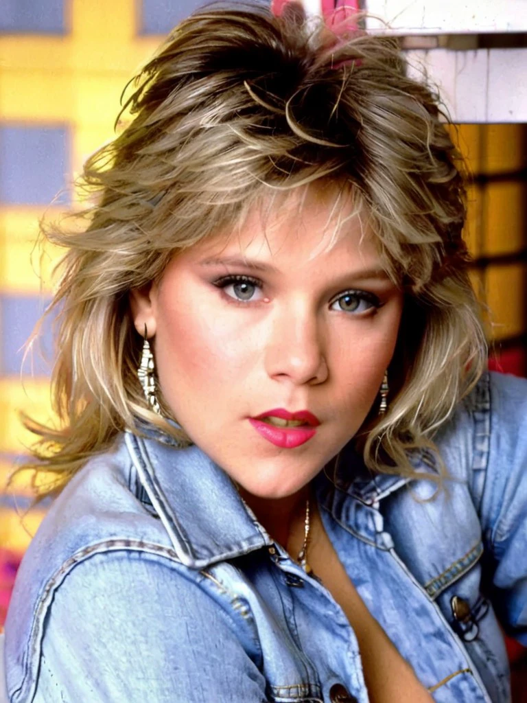 samantha fox wearing denim clothes posing for camera,detailed eyes, in a 80s room <lora:SamFox:1.0>