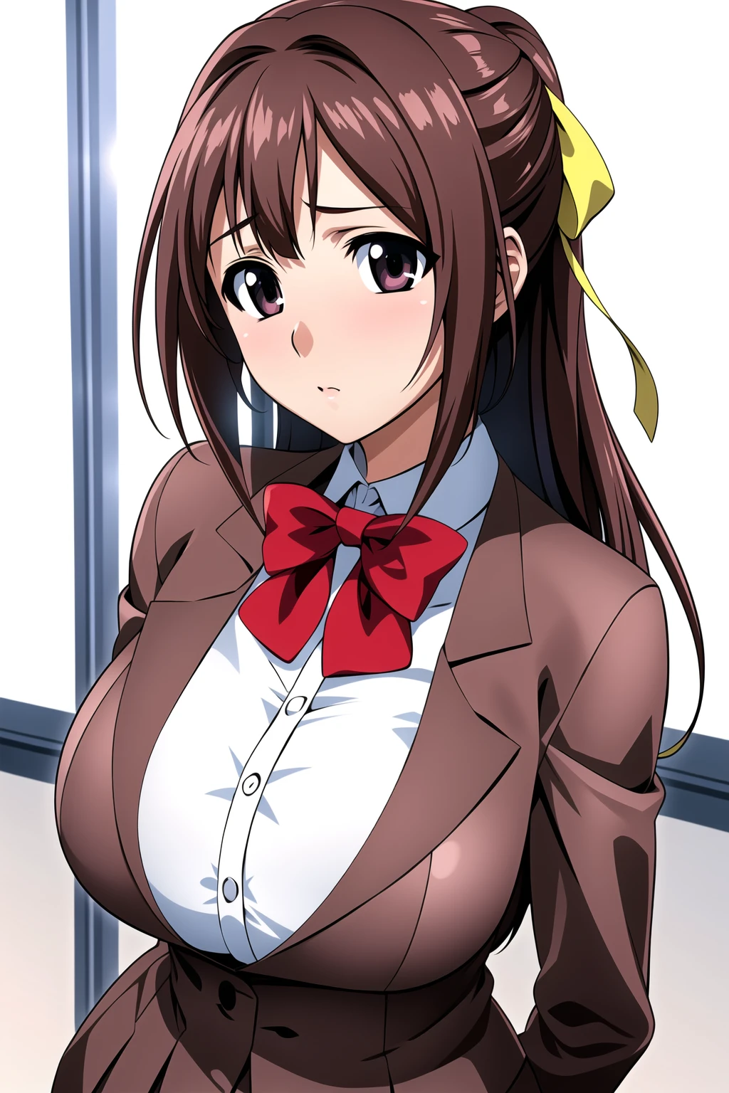 Simple White Background,
dynamic pose,standing at attention,
brown_jacket,Green_pleated_skirt,school uniform,red bowtie, 
<lora:Sohara_Mitsuki_LostProperty-KK77-V2:0.7>,
big eyes,brown_hair,hair_between_eyes, long_hair,brown_eyes, hair ribbon,
<lora:Oda_Non_Style-KK77-V2:0.3>,<lora:more_details:0.1>,
1 girl, 20yo,Young female,Beautiful long legs,Beautiful body,
Beautiful Nose,Beautiful character design, perfect eyes, perfect face,expressive eyes,perfect balance,
looking at viewer,(Focus on her face),closed mouth, (innocent_big_eyes:1.0),(Light_Smile:0.3),
official art,extremely detailed CG unity 8k wallpaper, perfect lighting,Colorful, Bright_Front_face_Lighting,White skin,
(masterpiece:1.0),(best_quality:1.0), ultra high res,4K,ultra-detailed,
photography, 8K, HDR, highres, absurdres:1.2, Kodak portra 400, film grain, blurry background, bokeh:1.2, lens flare, (vibrant_color:1.2),professional photograph,
(Beautiful,large_Breasts:1.4), (beautiful_face:1.5),(narrow_waist),