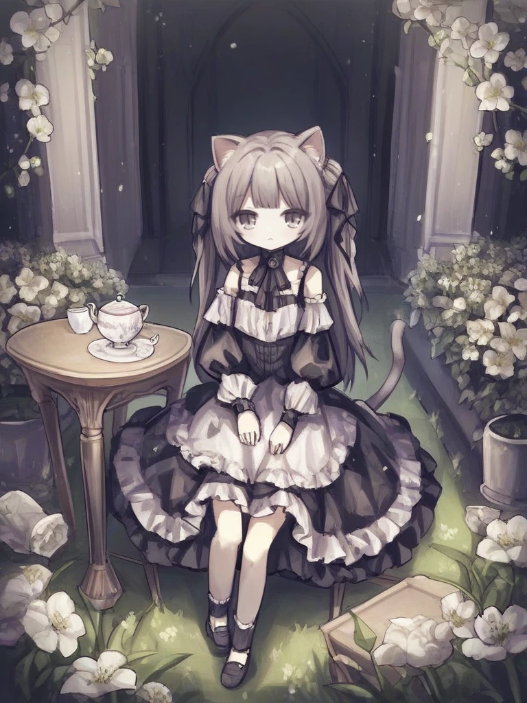 <lora:Neoki_Ohae_Nekos-PonyXL-1024px:0.9>
score_5, score_6,
1girl, solo, sitting on a chair in a garden, wearing (black victorian dress, bare shoulders, detached sleeves, detached cuffs, black mary janes, hair ribbon, frills),animal_ear_fluff, cat_tail, simple background, grass, flowers, table, teacup