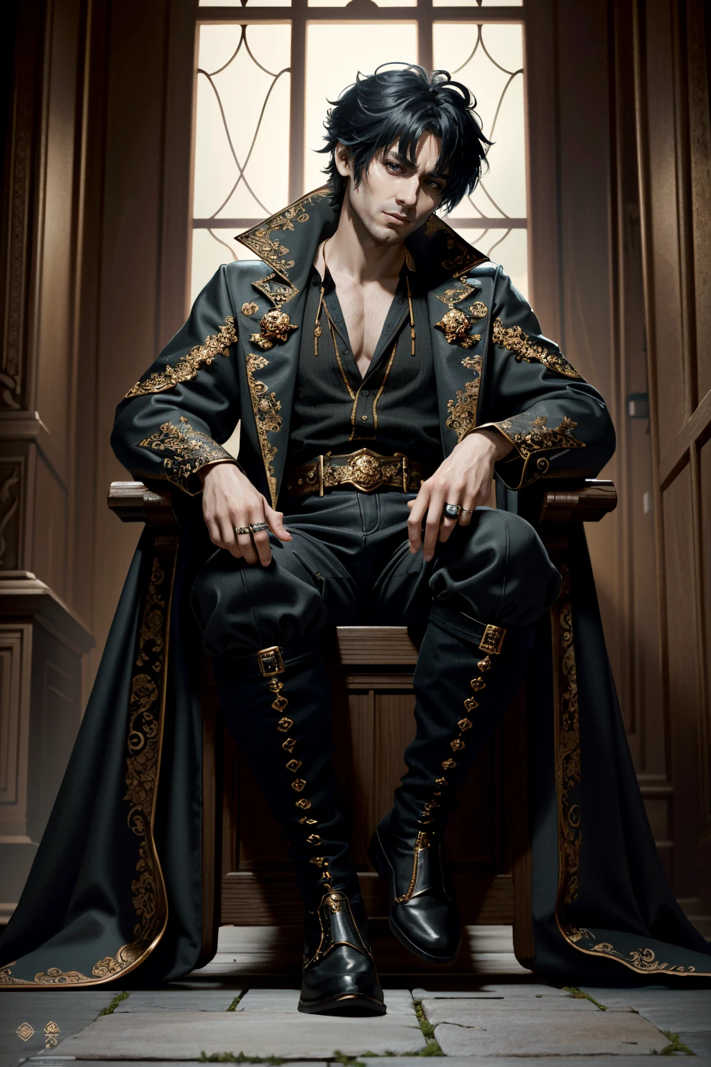 ((ultra detailed, masterpiece, absurdres))
<lora:BGGortash:0.8>
BGGortash, 1boy, short hair, black hair, looking at viewer, full body, sitting
