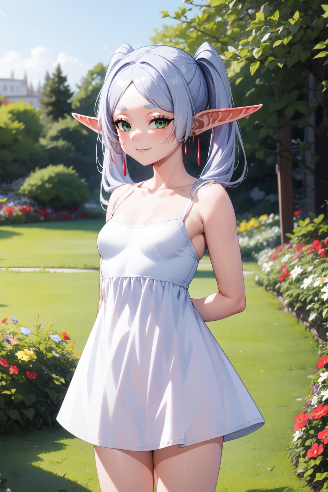 solo, masterpiece, best quality, outdoors, garden, cowboy shot, standing, arms behind back, looking at viewer, smile, closed mouth, frieren, green eyes, thick eyebrow, grey hair, parted bangs, long hair, twintails, pointy ears, dangle earrings, white sundress, sleeveless dress, spaghetti strap