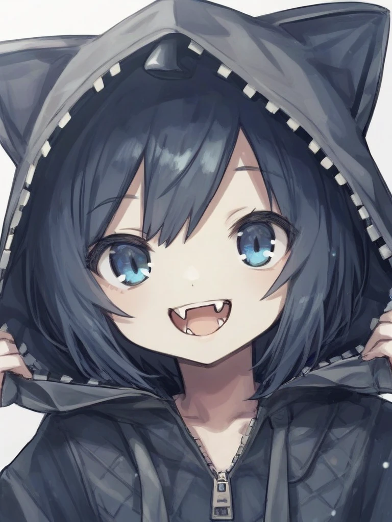 <lora:Neoki_Ohae_Nekos-PonyXL-1024px:1.0>
score_5, score_6,
1girl, solo, upper body, animal_hood, zipper, unzipped, dark blue eyes, open mouth, fangs, smile