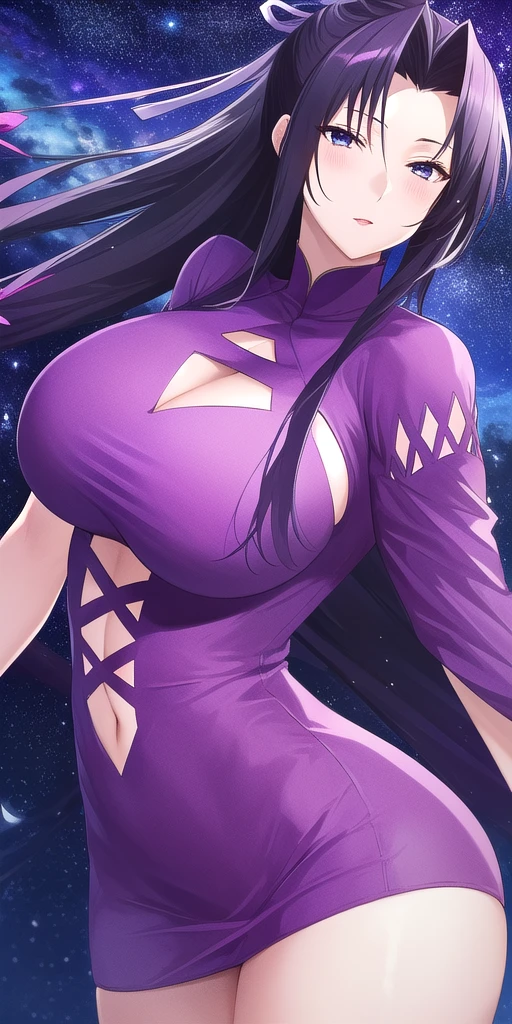 <lora:KazehanaV2:0.7> kazehanasekirei, huge_breasts,  standing, solo, purple_turtleneck_short_dress_wide_sleeves_clothing_cutout_cross-laced_clothes, starry_sky,, masterpiece, best_quality, detailed_face, detailed_eyes, highres, beautiful, detailed, absurdres,