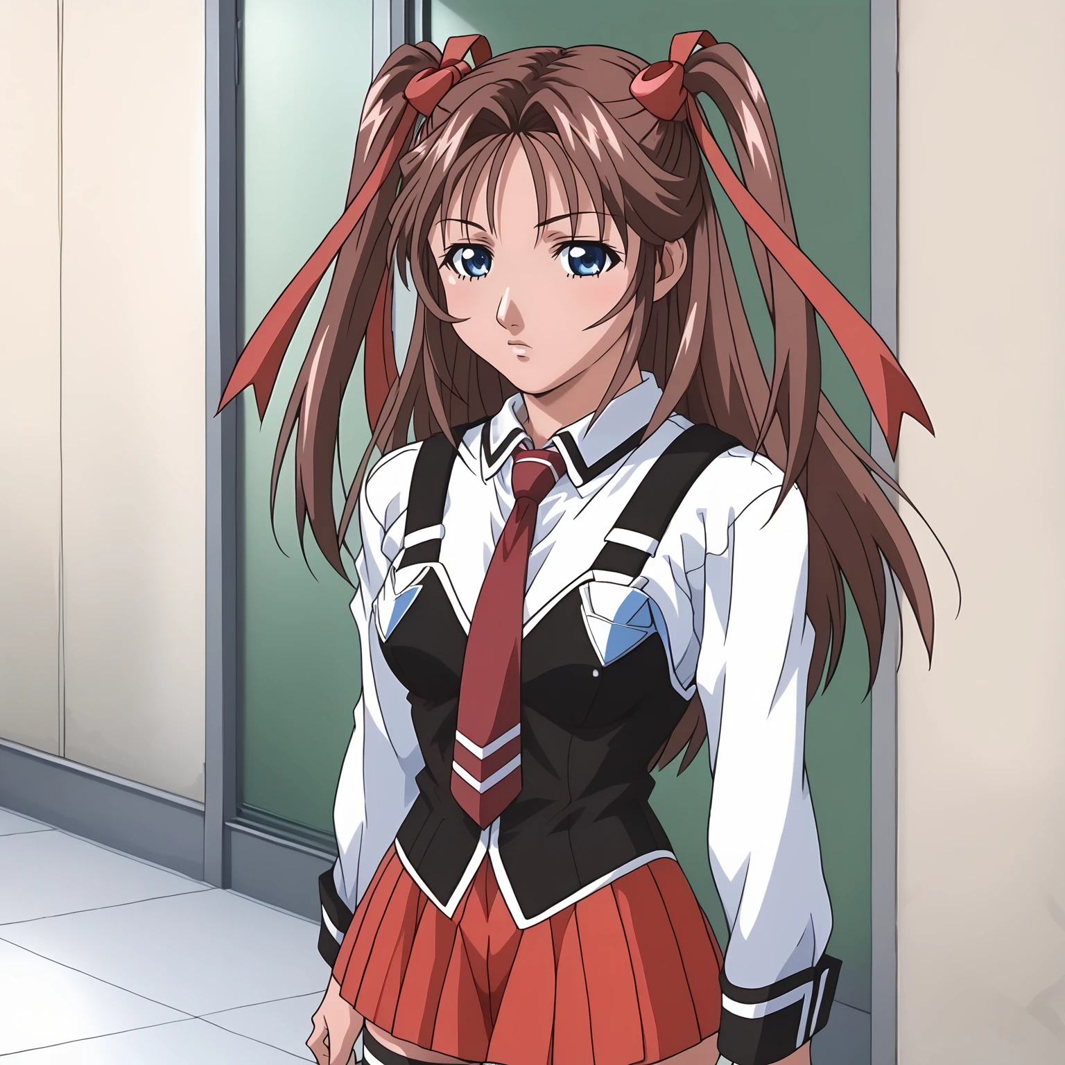 <lora:YukiToudouXLpony003>,
solo,
YukiToudou,1girl,brown hair,two -side up,hair ribbon,red ribbon,blue eyes,
school uniform,white shirt,strap,vest,red tie,
red skirt,
thighhighs,
full body,standing,