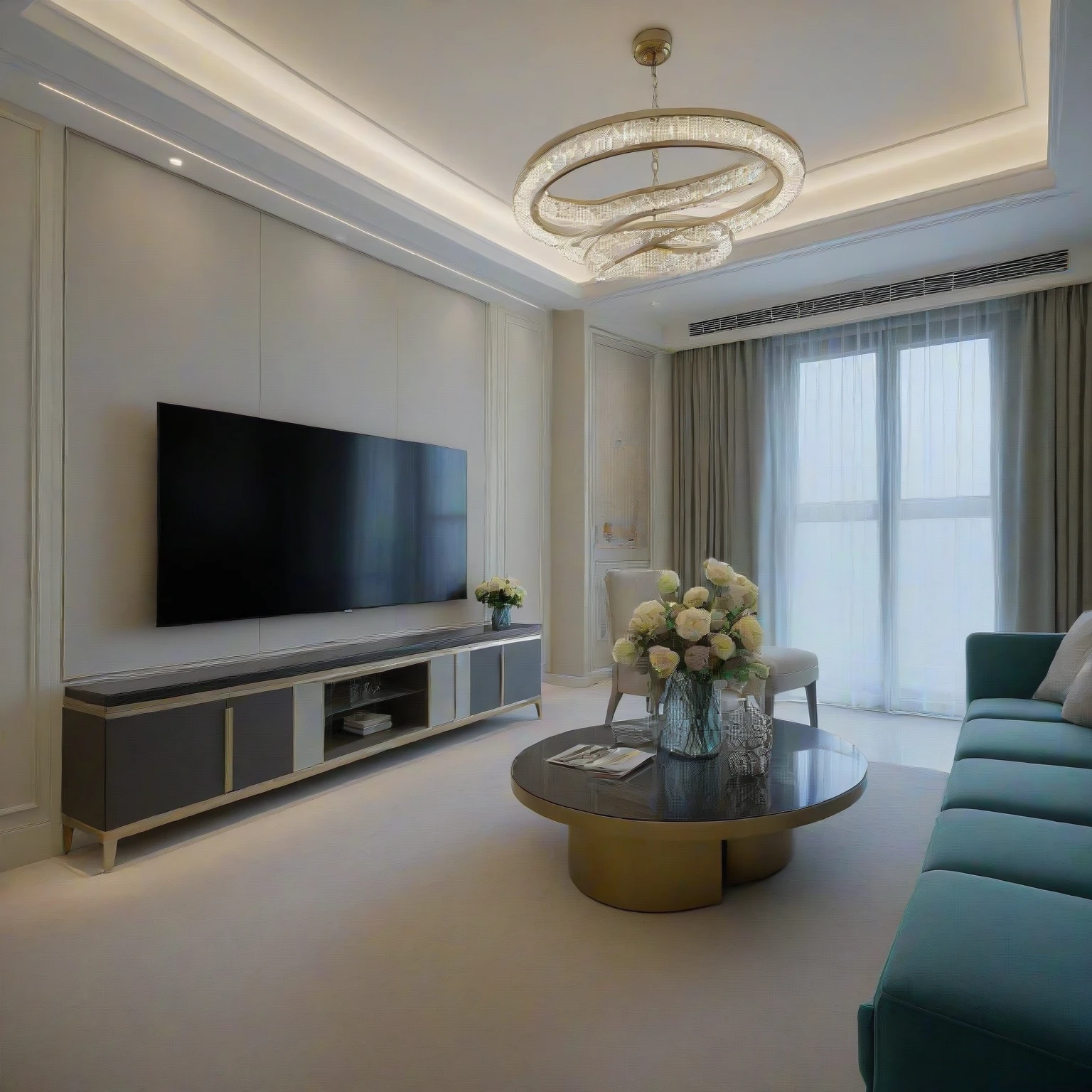<lora:JJsAffordableLuxury_XL:1>, ((Affordable Luxury)), ((masterpiece)), ((best quality)), scenery, real world location, realistic, high detailed,, soft lighting,  (indoor) , no human,  window, ((sofa)), pillow, table, television, ceiling light, carpet, curtain, chair, flower,