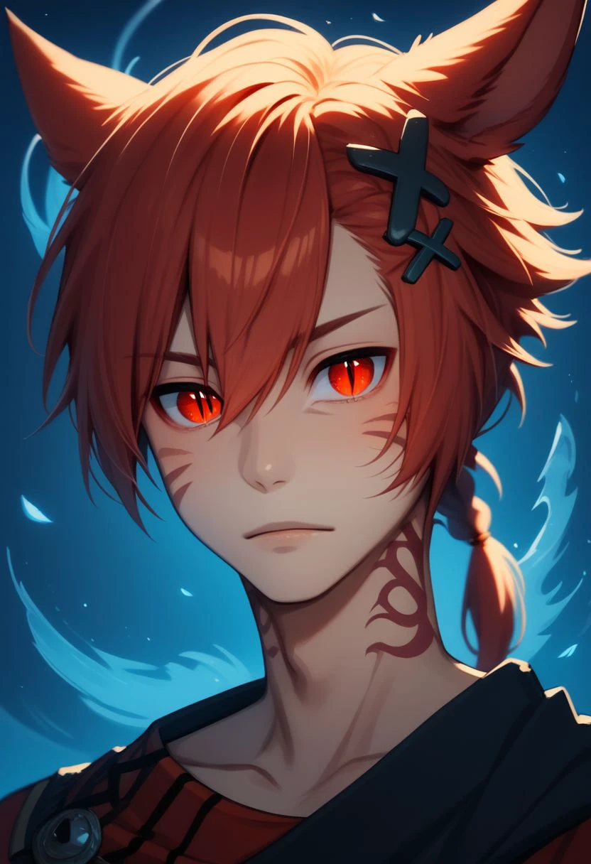 grahatiaffxivdsk, 1boy, male focus, solo, animal ears, red eyes, red hair, tattoo, miqo'te, neck tattoo, cat ears, looking at viewer, hair between eyes, facial mark, hair ornament, x hair ornament, bangs, holding, glowing, slit pupils, braid, short hair, portrait, jewelry, short ponytail, PonyXLV6_Scores zPDXL