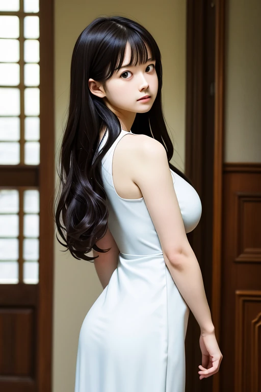 masterpiece, best quality, CG 8k wallpaper, illustration, amazing fine details and brush strokes, smooth,(((1girl))), extremely detailed, dynamic composition, motion, incredibly detailed, white court dress, dolllik, moonlight, beautiful, detailed eyes,[white hairblue hair:0.5],blue eyes,long_curly_hair, hands behind back, highly detailed, solo, full,amazing, beautiful, finely detail, (stars),galaxy,ray trace, Depth of field, big tits,