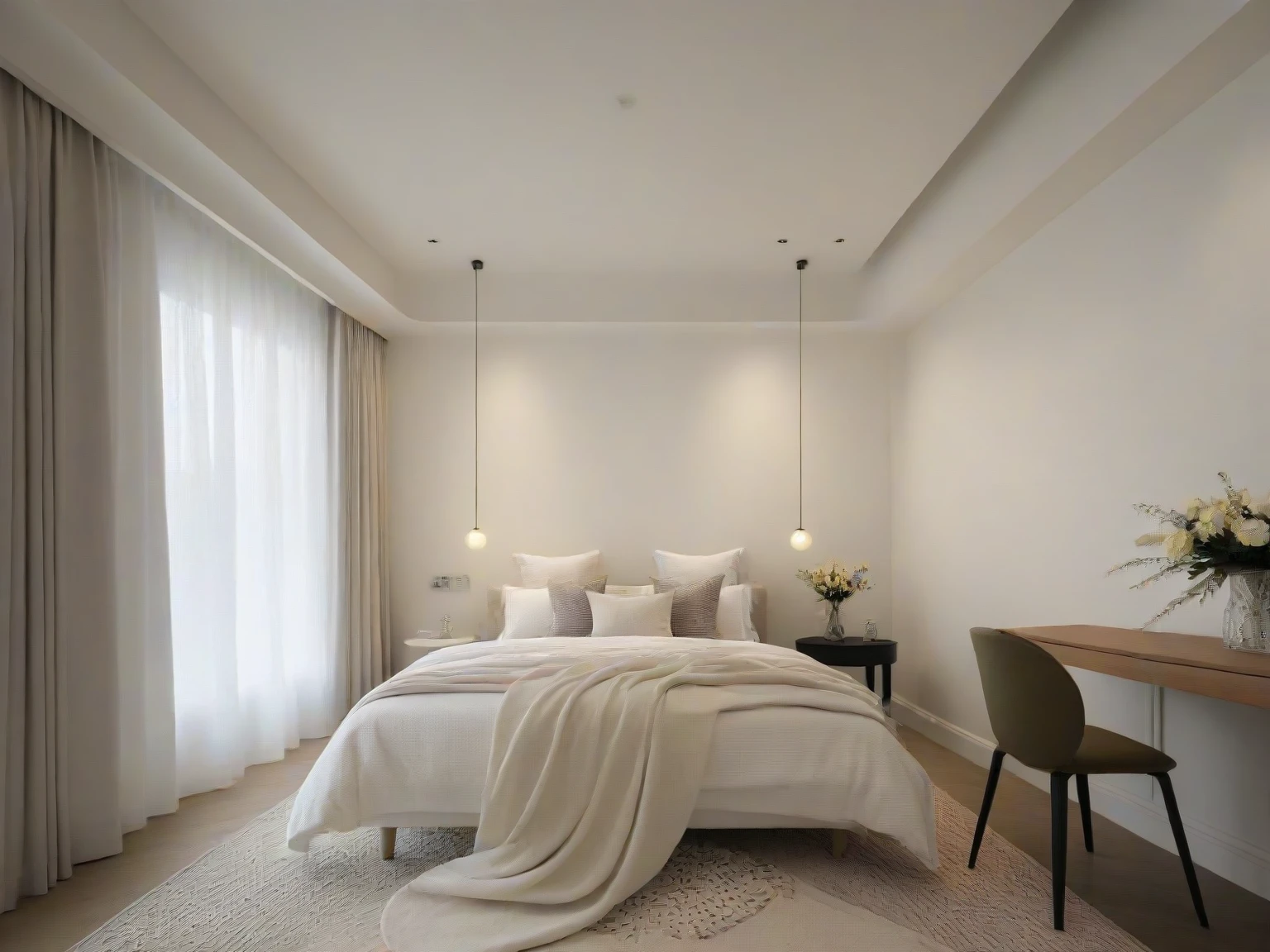 <lora:JJsCreamStyle_XL:1>, ((Cream Style)), ((masterpiece)), ((best quality)), scenery, real world location, realistic, high detailed,, soft lighting, (indoor) , no human, window, ((bed)), pillow, bed sheet, bderoom, ceiling light, carpet, curtain, chair, table, flower,