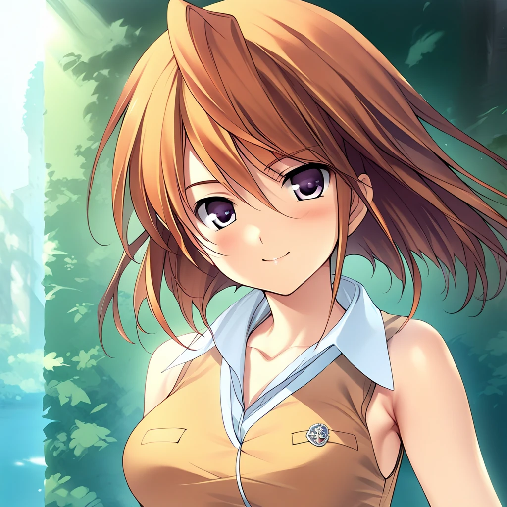 (masterpiece),(best quality),(ultra-detailed),(best illustration),(best shadow),(absurdres),(detailed background),(very aesthetic), mai tokiha, standardoutfit, 1girl, solo, purple eyes, smile, shirt, orange shirt, orange hair, sleeveless, school uniform, breasts, upper body, emblem, portrait, <lora:XL-Mai_Tokihaé´ç¾½_èè¡£_-_Mai-HiMEè-HiME_SDXL_Animagine_XL_3.1v1ALT:1>