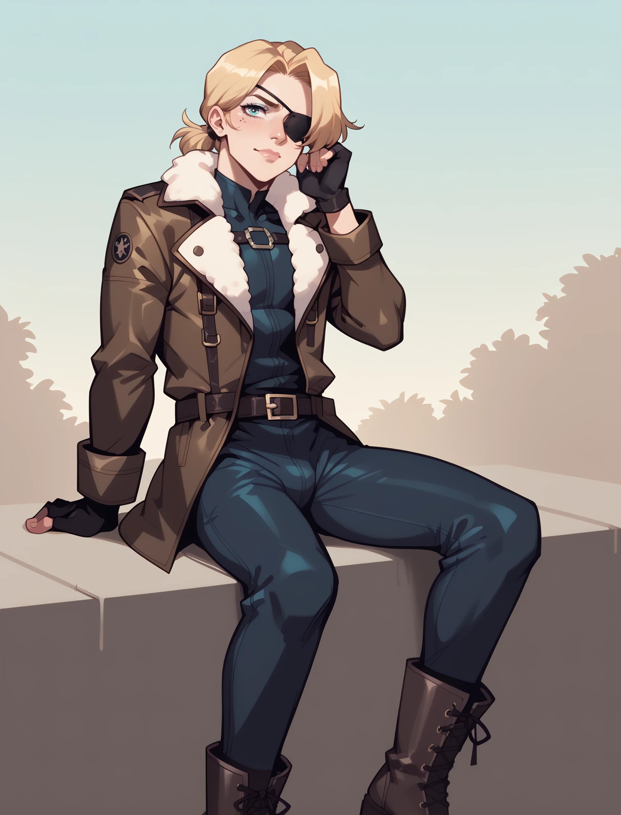 (score_9_up, score_8_up), score_7_up, 1boy, flat color, male focus,mature, blonde hair, short low ponytail,eyepatch, wearing a brown leather coat, fur, belt, fingerless gloves, boscoat,black tight jumpsuit, fur collar, long coat, long combat boots, half body, Sitting with legs outstretched and leaning back on hands, Solar Symphony - Harmonious design with musical instruments motifs. This spaceship appears to be a conductor orchestrating cosmic harmonies. ,<lora:BOSBattlecoat:0.75>, <lora:dross_style_ponyXL_v1:1>