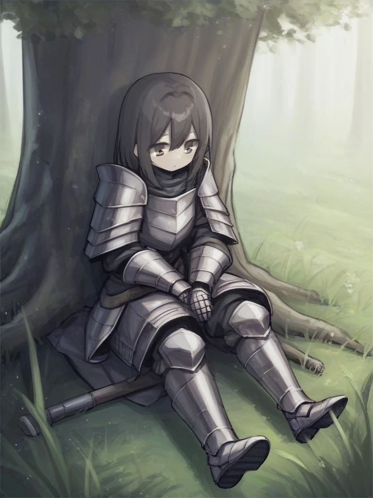 <lora:Neoki_Ohae_Nekos-PonyXL-1024px:1.0>
score_5, score_6,
a female knight wearing oversized armor, sitting under a tree outdoors
