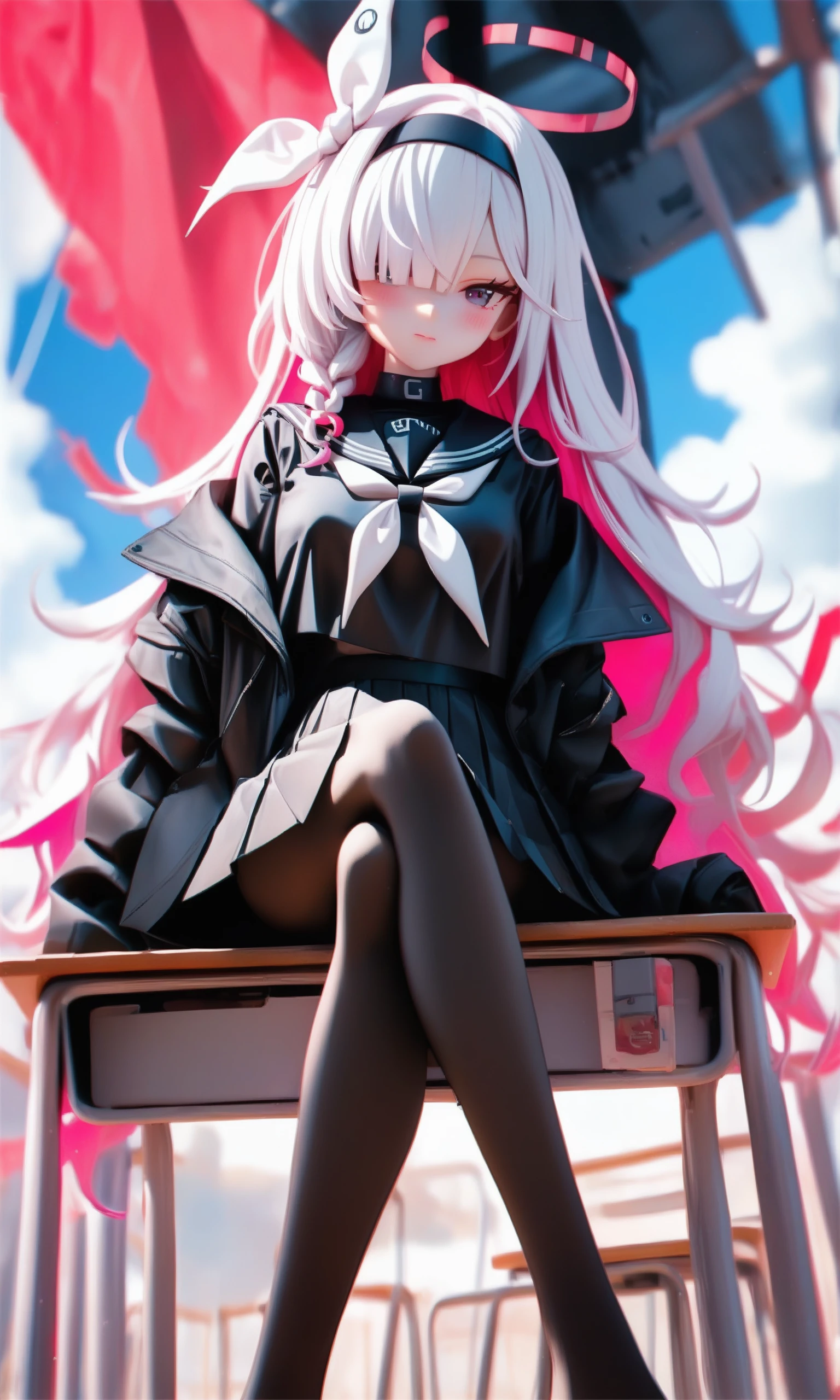 sscore_9,score_8_up,<lora:blue_archive_all_v2:0.8>,absurdres,sitting,feet,long_sleeves,black_sailor_collar,blush,cloudy_sky,solo,white_neckerchief,black_choker,open_coat,hair_over_one_eye,crossed_legs,closed_mouth,signature,black_pantyhose,black_skirt,black_hairband,outdoors,highres,black_coat,black_serafuku,school_desk,1girl,pleated_skirt,plana_\(blue_archive\),looking_at_viewer,no_shoes,