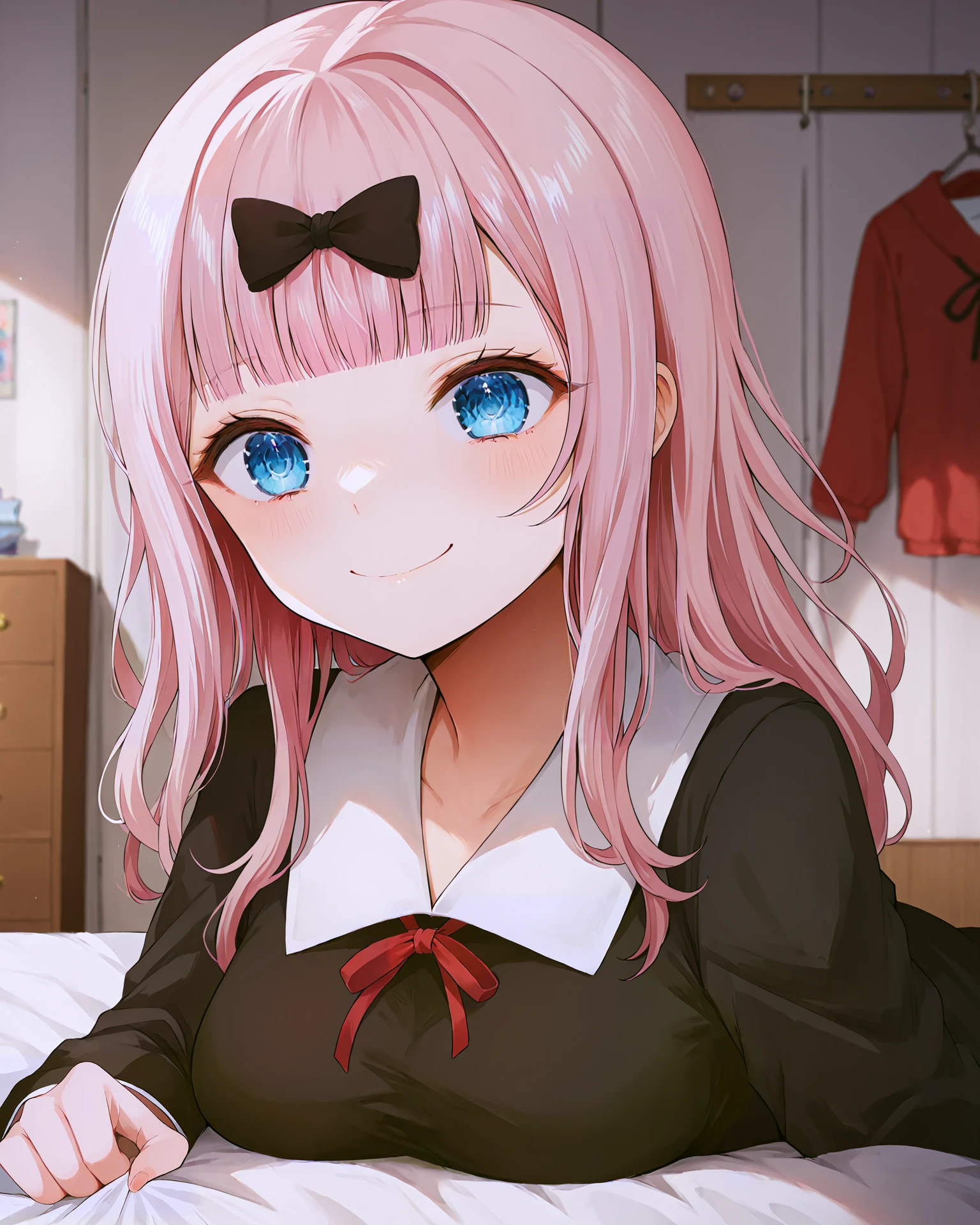 <lora:3_Style_Art_Negi_XL:0.7>,smile, closed mouth, smirk, upper body, <lora:LoveIsWar_Chika_XL:0.8> chika fujiwara, 1girl, black bow, blue eyes, blunt bangs, hair bow, long hair, pink hair, blunt bangs, black bow, neck ribbon, large breasts, school uniform, black dress, red ribbon, long sleeves, collared dress,, <lora:9_Detail_Tweaker_XL:0.8>, score_9, score_8_up, score_7_up, source_anime, masterpiece, best quality, highly detailed background, cinematic lighting, detailed eyes, perfect face,, lazy, teenager room, messy, bedroom, bed sheet, closet,
