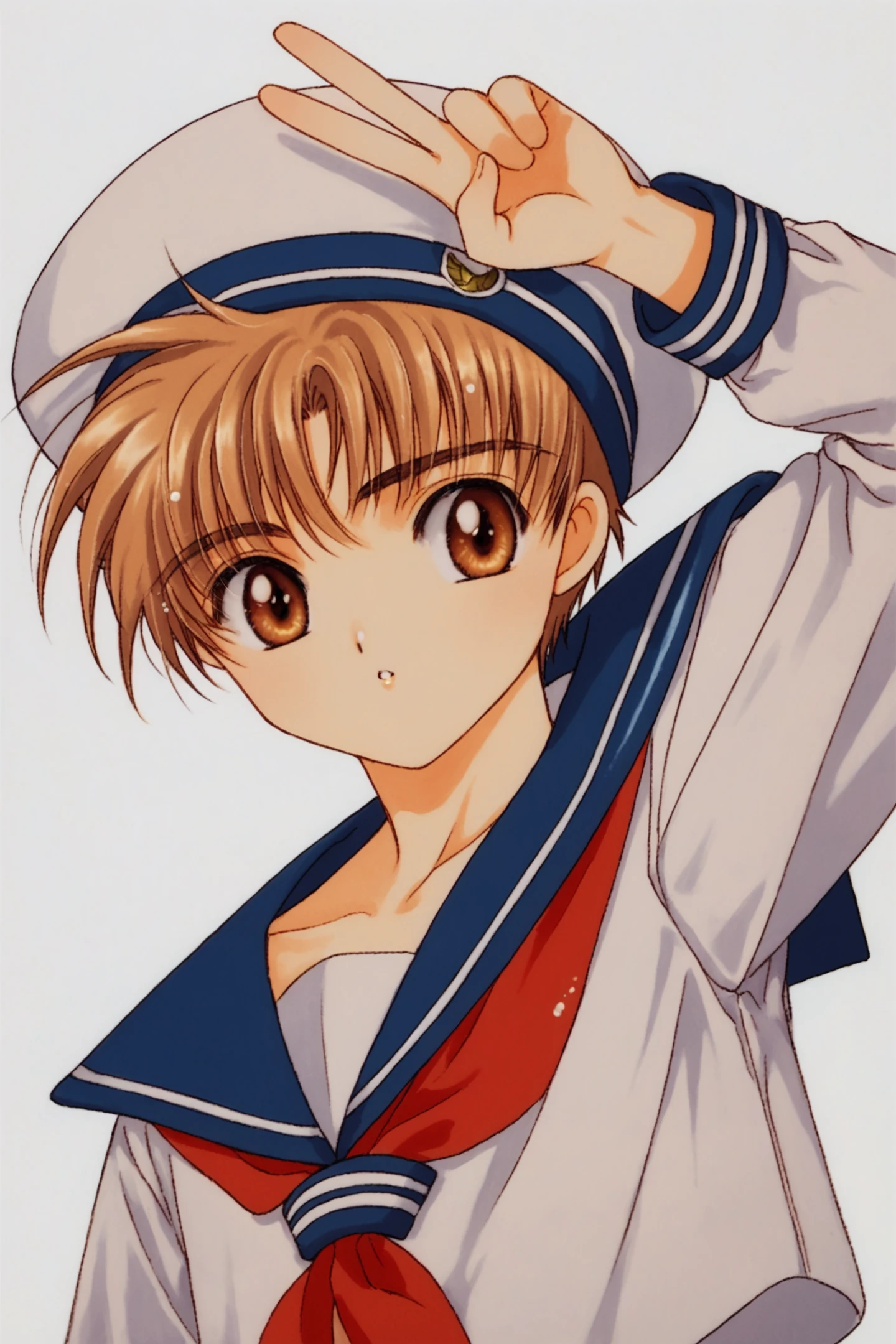 1boy,Li Syaoran,solo,brown hair,school uniform,brown eyes,tomoeda uniform,hat,simple background,white background,sailor hat,arm up,looking at viewer,v,long sleeves,white headwear,1990s (style),retro artstyle,score_9,score_8_up,<lora:Card Captor Sakura_XL_PONY:0.8>,