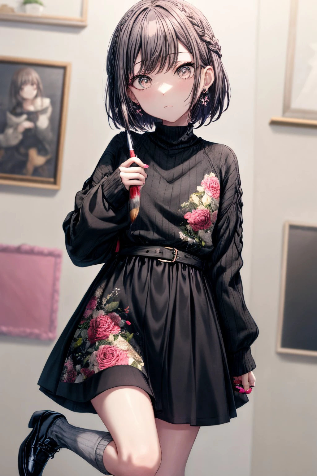 (masterpiece), best quality, expressive eyes, perfect face, enanan, looking at viewer,  long sleeves, dress, holding, jewelry, closed mouth, braid, earrings, shoes, socks, nail polish, black footwear, black dress, sleeves past wrists, floral print, pink nails, paintbrush, ribbed legwear, grey socks, holding paintbrush, <lora:more_details:0.7>, <lora:1f65056e-d7f1-44bc-b9cc-c376670e3fc0:0.7>